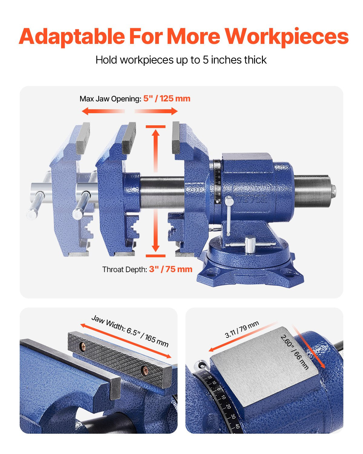 Kraftigt bänkskruvstycke, 165 mm / 6,5" käftbredd, 125 mm / 5" max käftöppning. Multifunktionellt bänkskruvstycke av segjärn med städ, 360° vridbart bashuvud, 3" hals, 2549 kg / 5620 lbs klämkraft, för rörreparation och metallbearbetning.