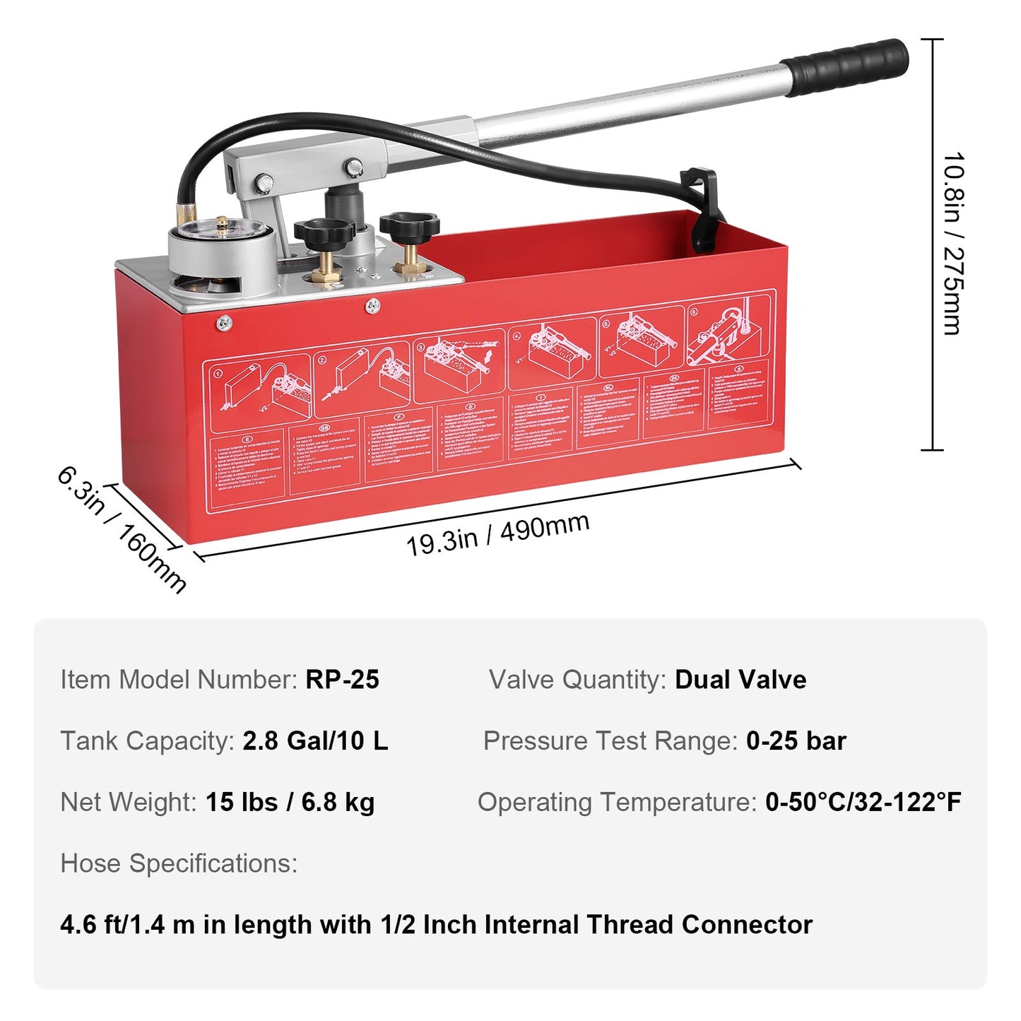 Hydrostatic Test Pump, Max 25 bar/362 PSI, Dual Valve Hydraulic Manual Water Pressure Tester Kit with Gauge 10L Water Tank, 1.4 m Hose with 1.27 cm External Thread Connector for Pipeline