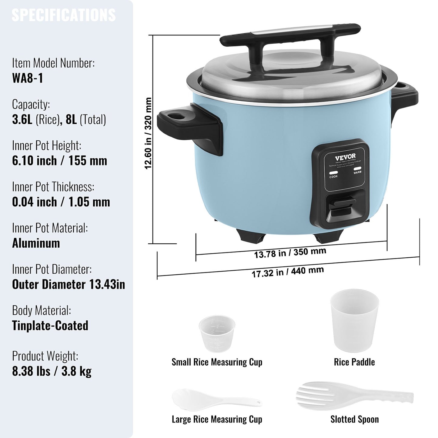 Commercial Rice Cooker, 40-Cup Rice Cooker, 8 Liter Large Rice Cooker and Warmer with Nonstick Inner Pot, Fast Cooking and 24-Hour Keep Warm, with Rice Cup and Paddle, for Restaurant