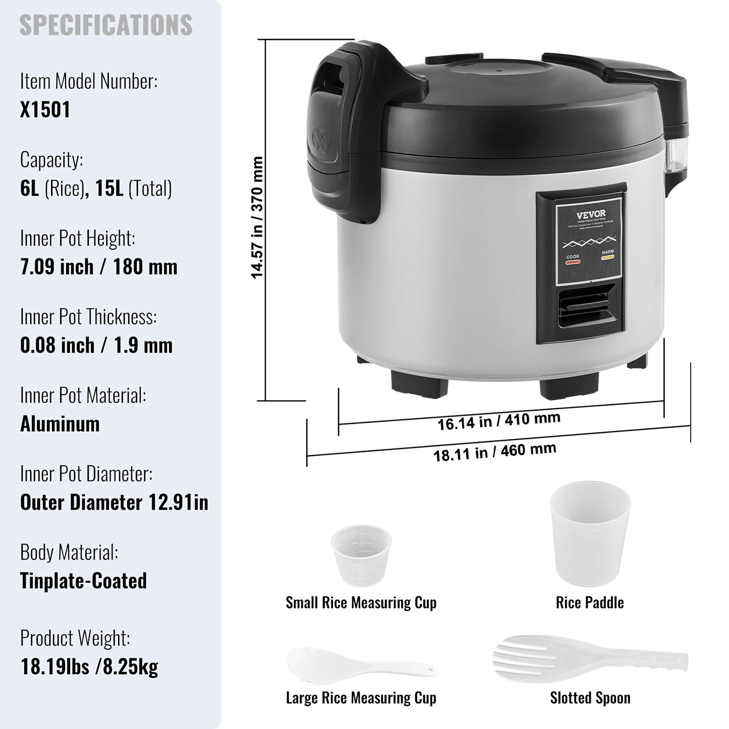 Commercial Rice Cooker, 70-Cup Rice Cooker, 15 Liter Large Rice Cooker and Warmer with Nonstick Inner Pot, Fast Cooking and 12-Hour Keep Warm, with Rice Cup and Paddle, for Restaurant