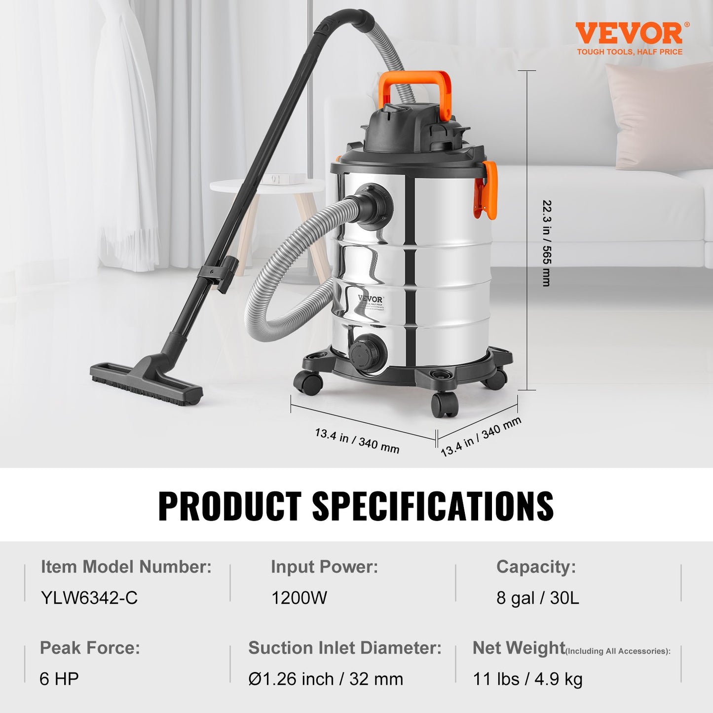 Stainless Steel Wet Dry Shop Vacuum, 8 Gallon 6 Peak HP Wet/Dry Vac, Powerful Suction with Blower Function with Attachments 2-in-1 Crevice Nozzle, Small Shop Vac Perfect for Carpet Debris, Pet Hair, Car