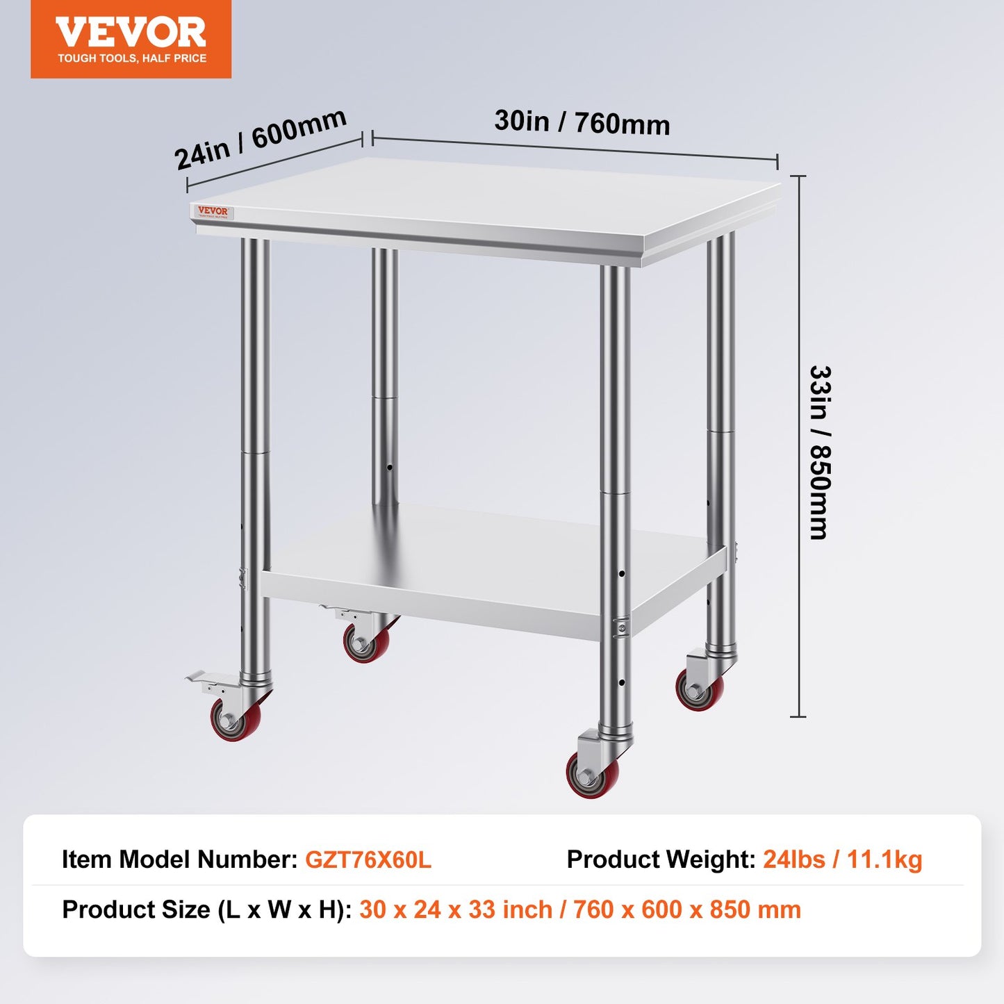 Stainless Steel Catering Work Table 30x24 Inch Commercial Work Table with 4 Wheels Commercial Food Prep Workbench with Flexible Adjustment Shelf for Kitchen Prep Table