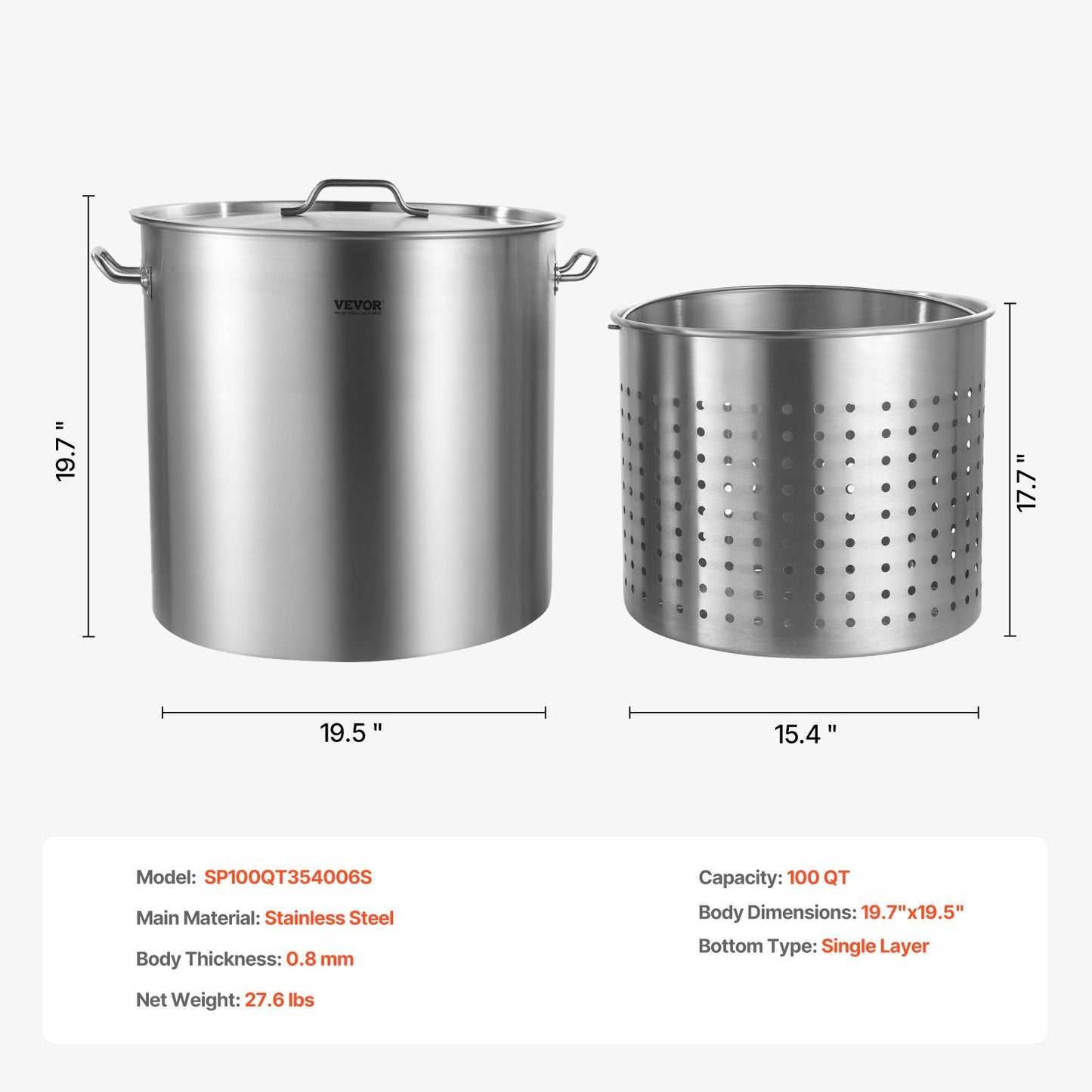 Stainless Steel Stockpot, 100 Quart Large Cooking Pots, Cookware Sauce Pot with Basket, Lid, and Handle, Heavy Duty Commercial Grade Stock Pot, Sanding Treatment, for Large Groups Events Silver
