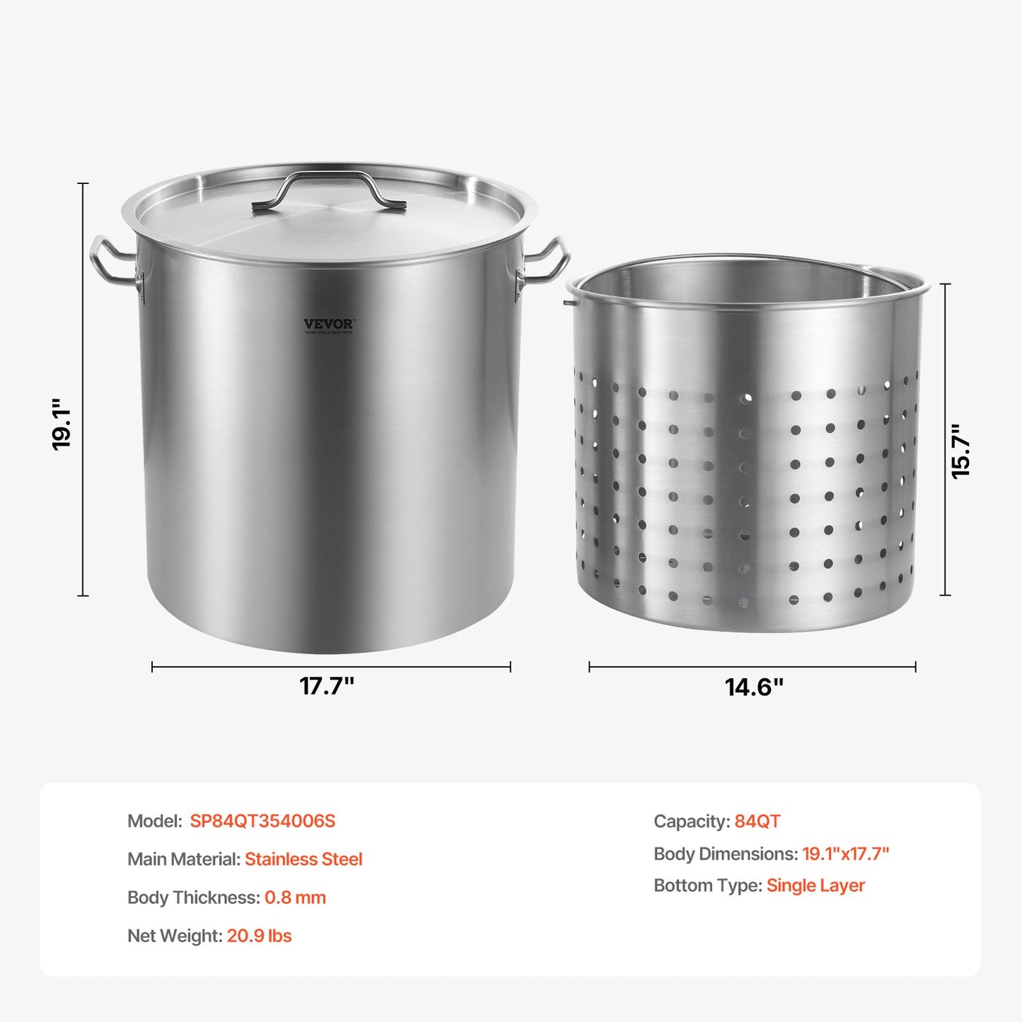 Stainless Steel Stockpot, 84 Quart Large Cooking Pots, Cookware Sauce Pot with Basket, Lid, and Handle, Heavy Duty Commercial Grade Stock Pot, Sanding Treatment, for Large Groups Events Silver