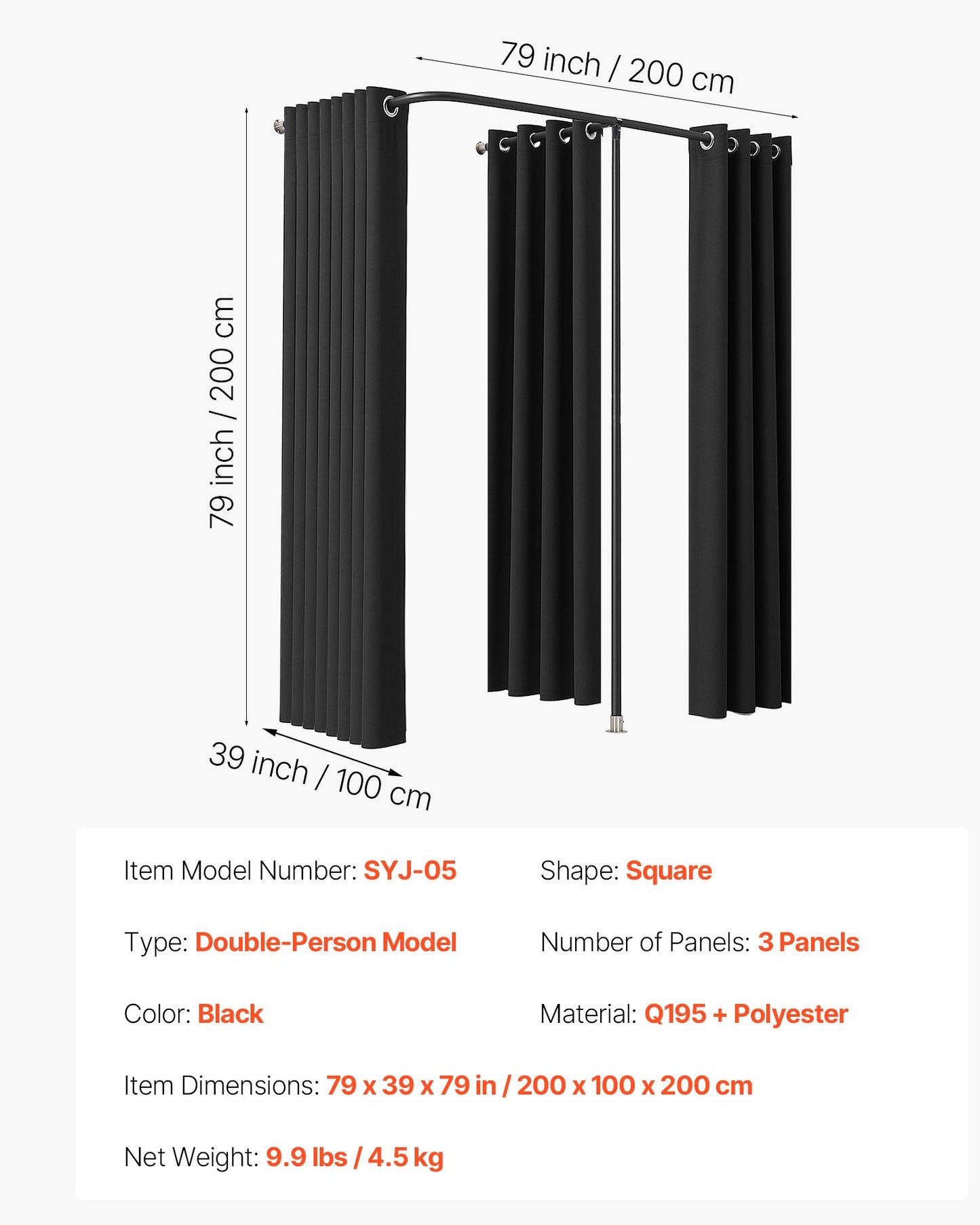 Provrum, portabelt omklädningsrum med tjocka polyestergardiner, dubbla omklädningsrum med skiljeväggar, för butik, köpcentrum, studio, skrädderi och kontor 200 x 100 x 200 cm (svart)