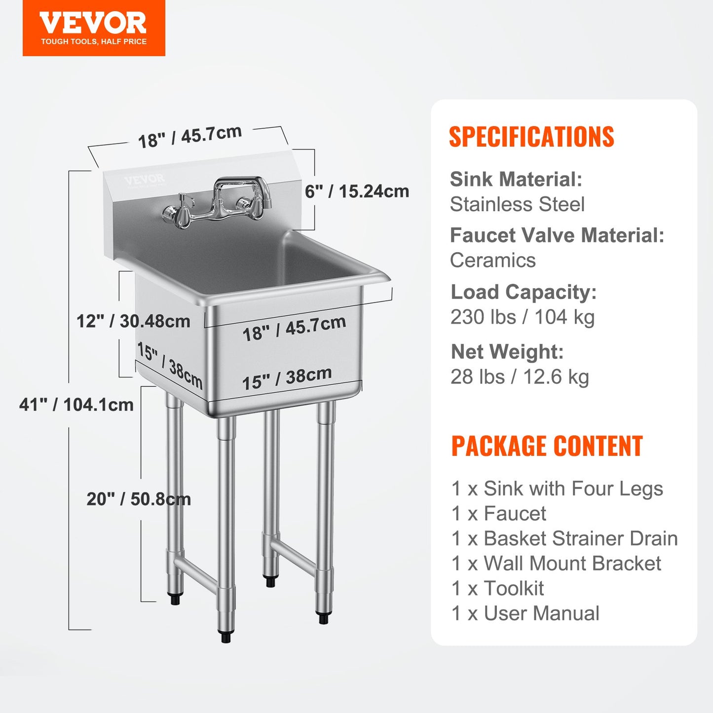 Stainless Steel Prep & Utility Sink, 1 Compartment Free Standing Small Sink Include Faucet & legs, 45.7 x 104.1 cm Commercial Single Bowl Sinks for Garage, Restaurant, Kitchen, Laundry, NSF Certified