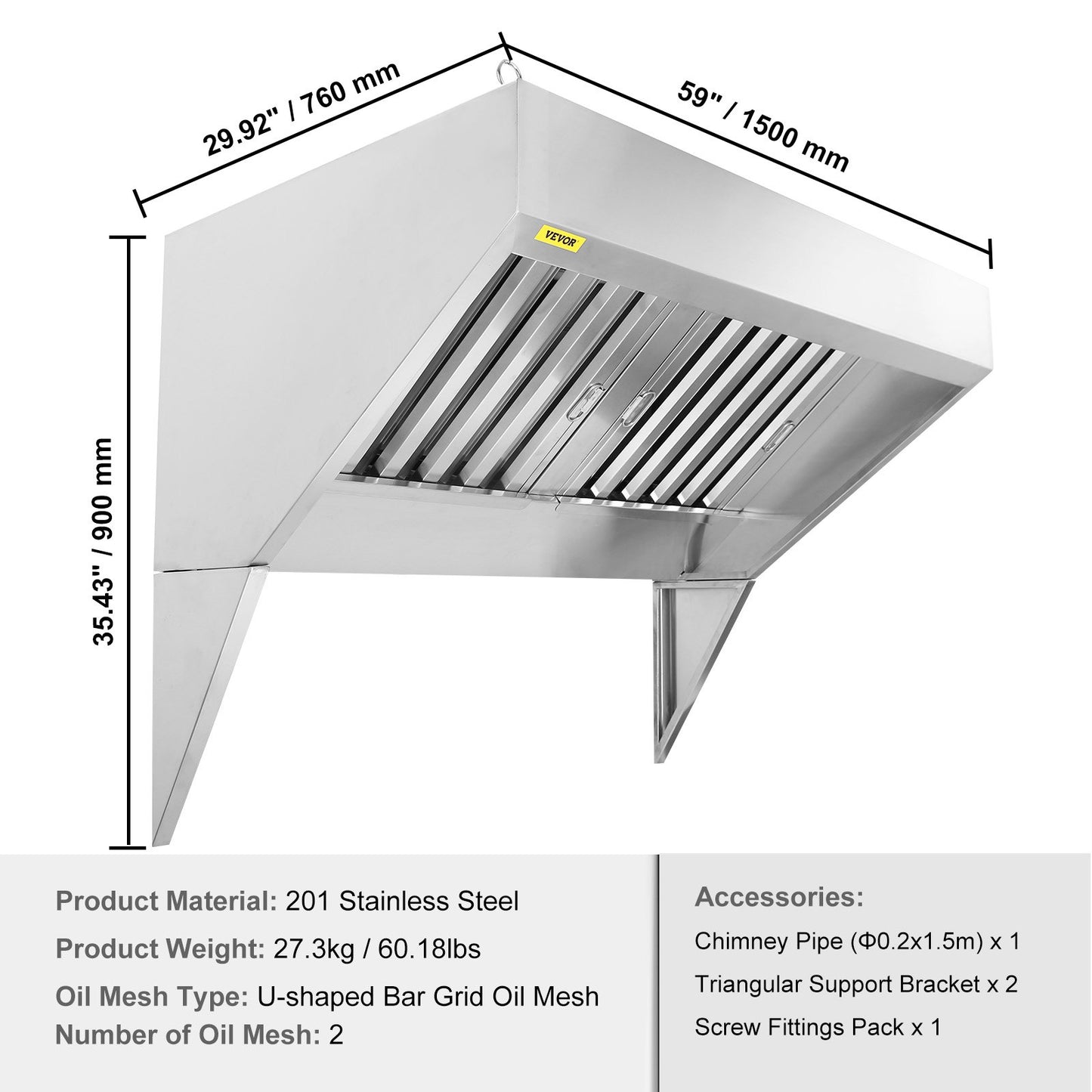 Commercial Exhaust Hood, 1.5 m Food Truck Hood Exhaust, 201 Stainless Steel Concession Trailer Hood with 2 Detachable U-shaped Grid Oil Filter Mesh, Rust Resistant Vent Hood for Kitchen Restaurant