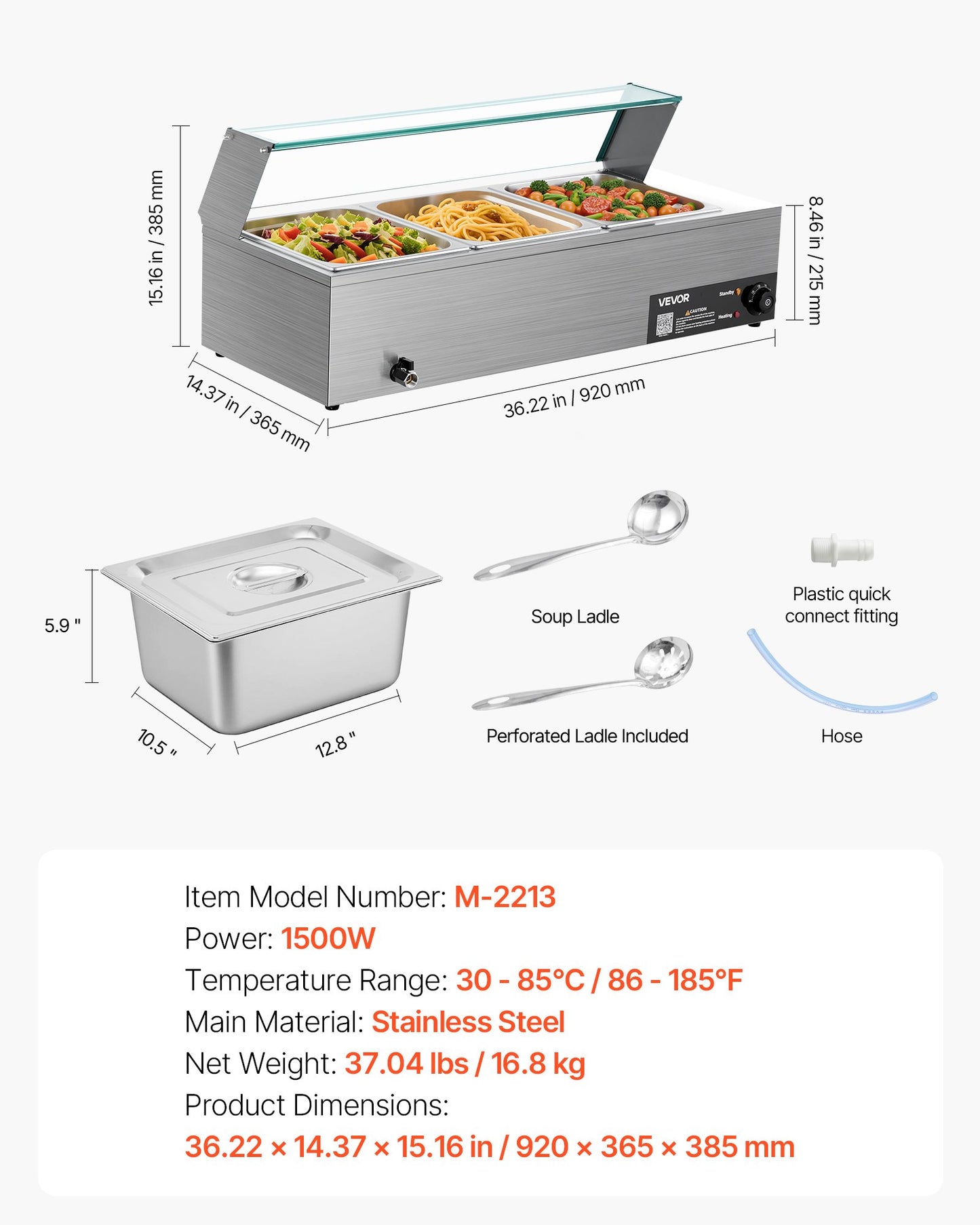 Commercial Food Warmer, 1500W Electric Stainless Steel Steam Food Warmer with Glass Cover, 3-Pan Countertop Buffet Bain Marie with Soup & Perforated Ladles, for Catering, Restaurant & Party