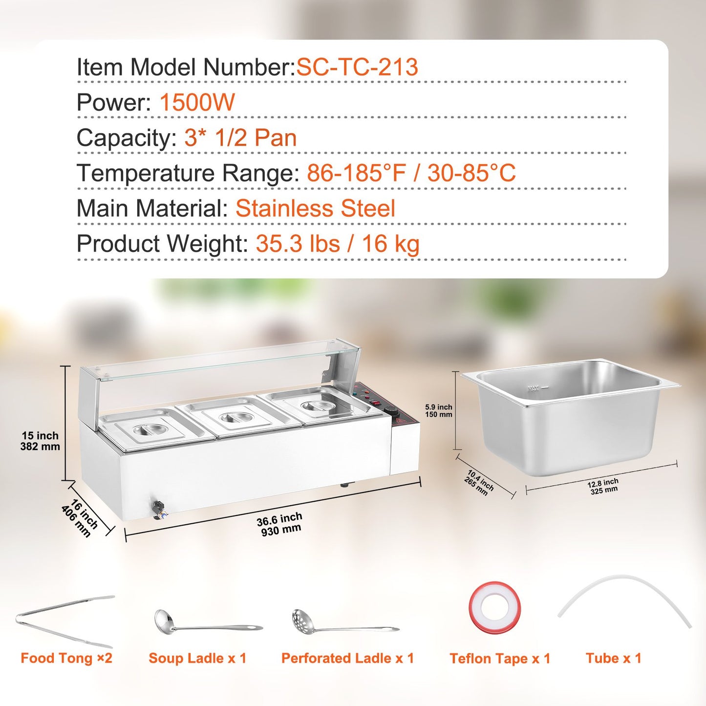 3-Pan Commercial Food Warmer, 3 x 8QT Electric Steam Table with Glass Cover, 1500W Countertop Stainless Steel Buffet Bain Marie 86-185°F Temp Control for Catering, Restaurants, Silver