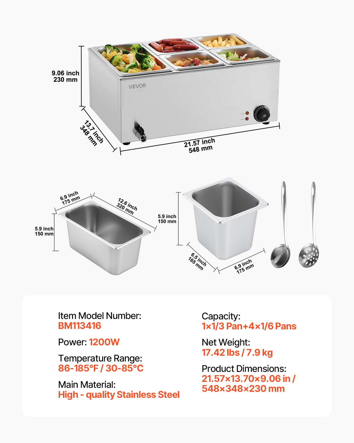 Commercial Food Warmer, 5-Pan Electric Steam Table, 1200W Professional Countertop Stainless Steel Buffet Bain Marie with 30-85°C Temp Control for Catering, Buffet, Parties, Restaurants