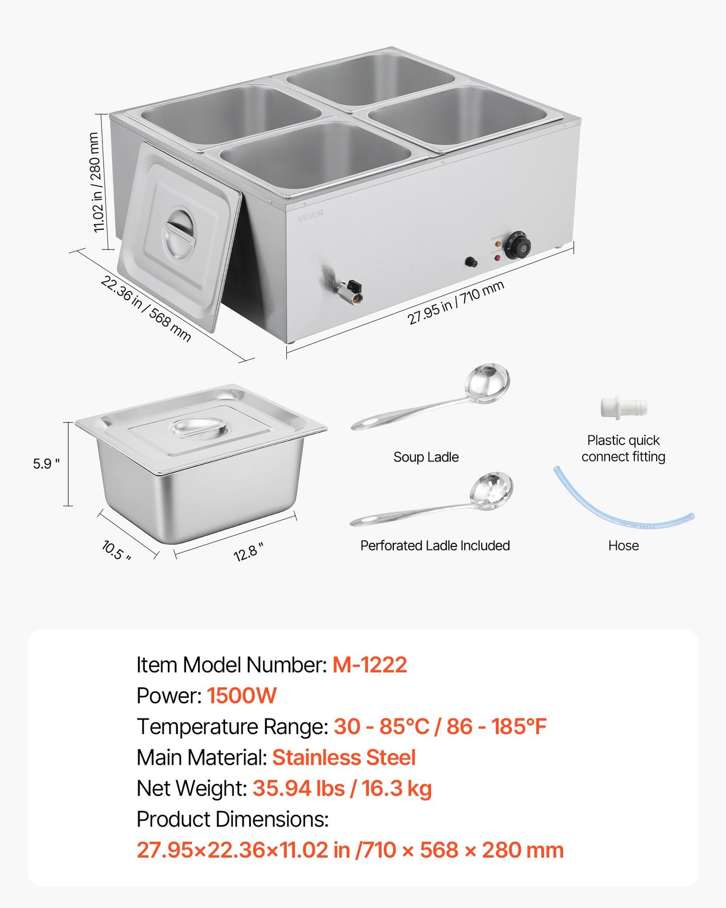 Kommersiell matvärmare, 1500W elektrisk ångvärmare i rostfritt stål med lock, snabbvärmande bänkbuffé med 4 pannor, soppa och perforerade slevar, för catering, restaurang, fest