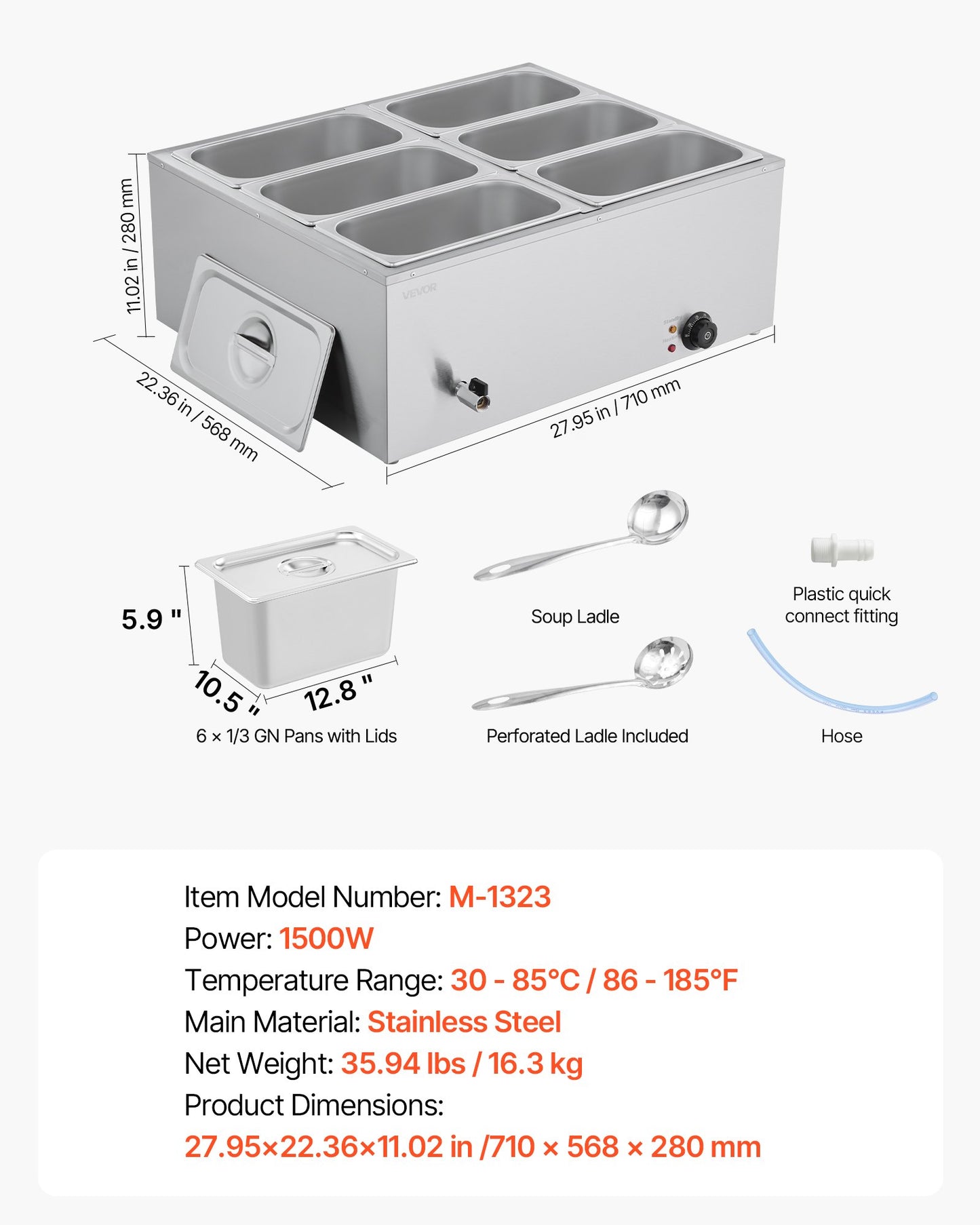 Kommersiell matvärmare, 1500W elektrisk ångvärmare i rostfritt stål med lock, 6-pannors snabbvärmande bänkbuffé med bain-marie, soppa och perforerade slevar, för catering, restaurang, fest