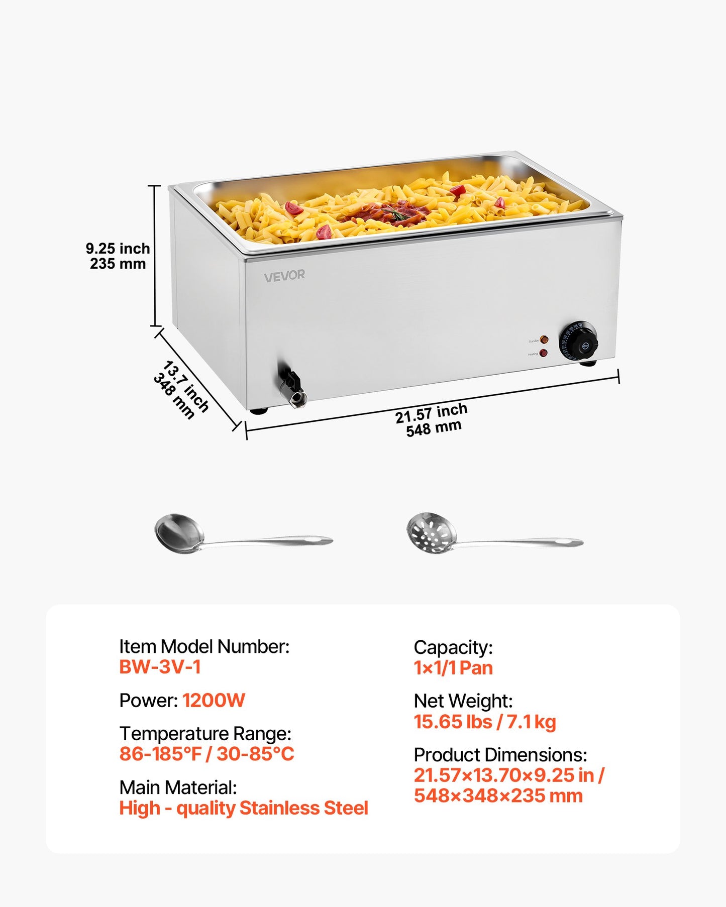 Kommersiell matvärmare, fullstor elektrisk ångbord, 1200W professionell bänkskiva i rostfritt stål, buffé med vattenbad och 30-85°C temperaturkontroll för catering, bufféer, fester, restauranger