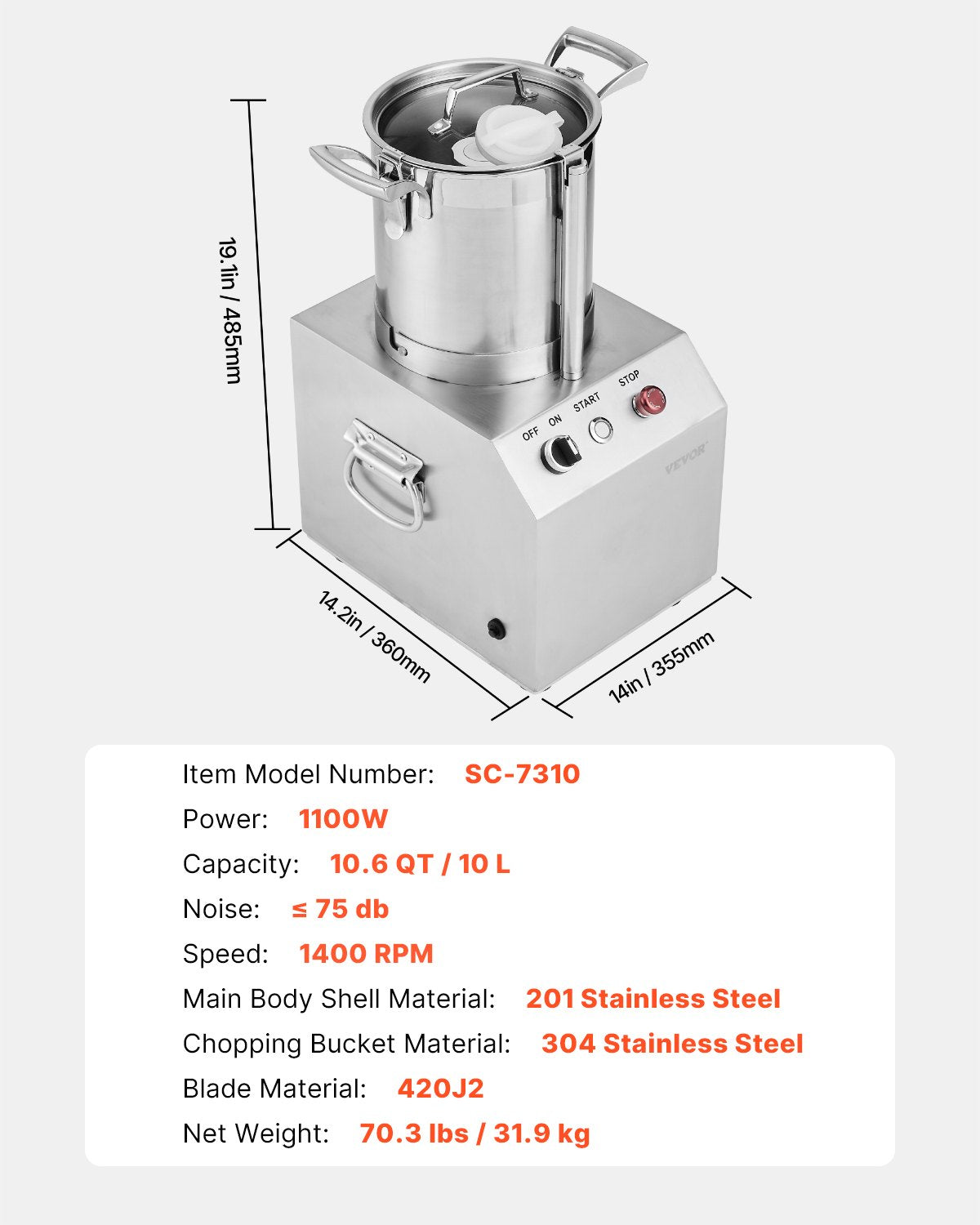 Matberedare och grönsakshackare, 10L matberedare i rostfritt stål av livsmedelskvalitet med 2 extra S-kurvade blad, perfekt för att hacka grönsaker, frukt, spannmål, nötter