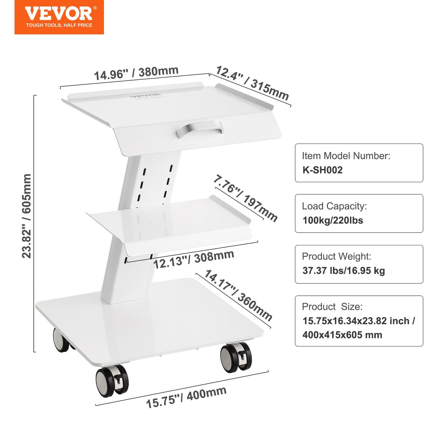 Lab Trolley, 3-Layer Rolling Lab Cart, Metal Mobile Trolley with Swivel Wheels, Tray Rolling Clinic Cart 100 kg Weight Capacity, for Lab, Clinic, Beauty and Salon