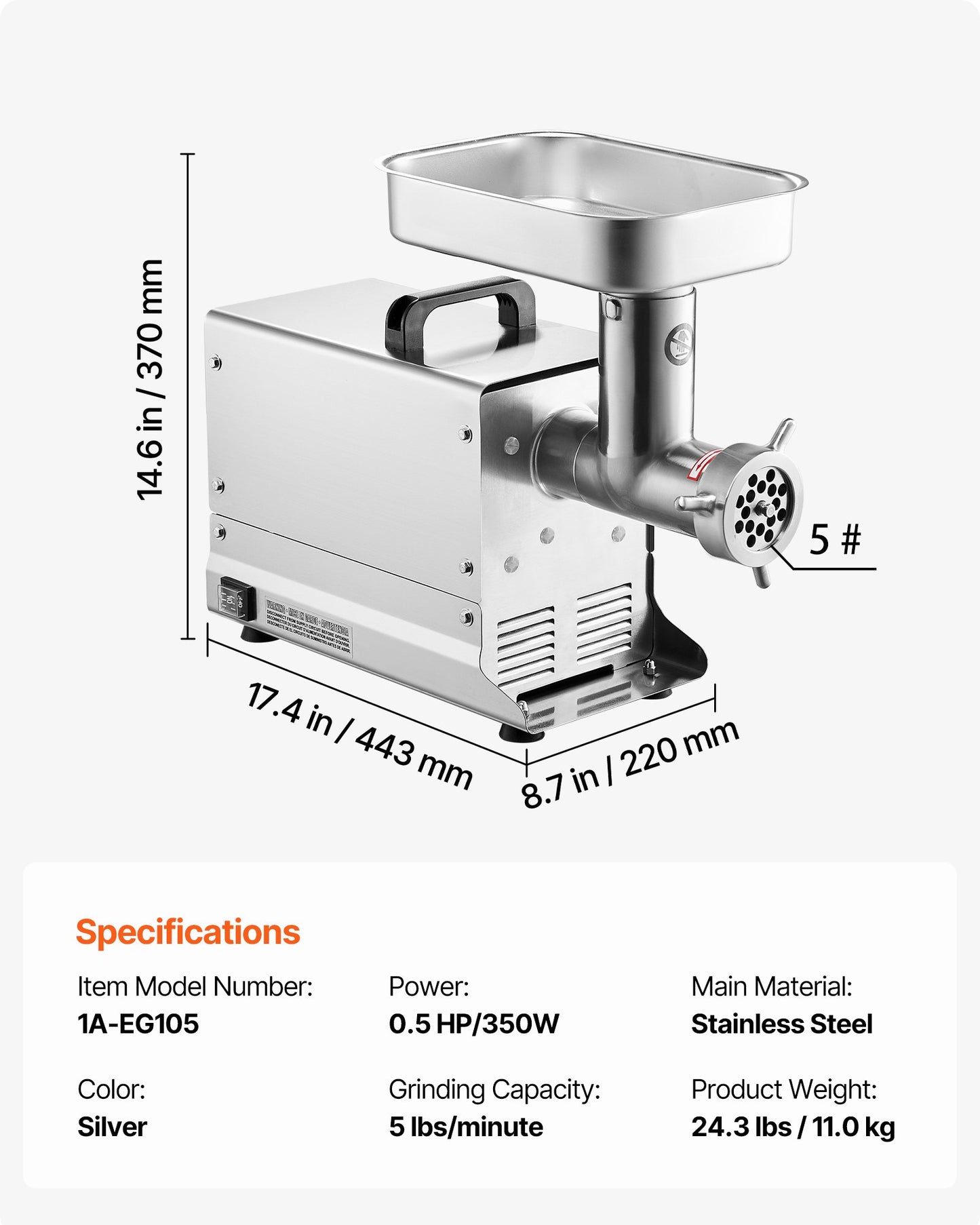 Köttkvarn, elektriska köttkvarnar med kapacitet på 5 lbs/min med blad, malplatta, korvmaskin, kommersiell köttkvarn i rostfritt stål för kök, restaurang, slaktare