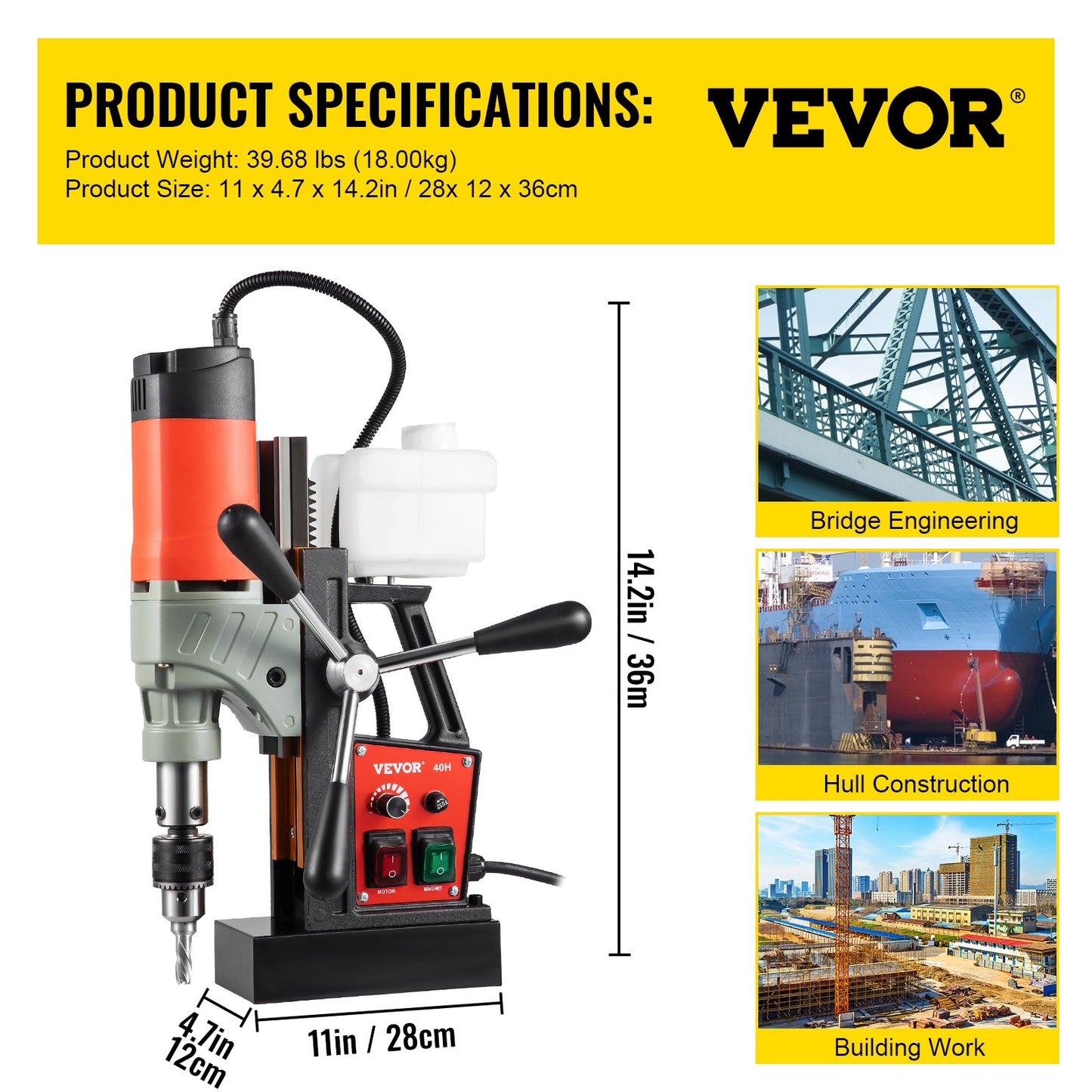 Magnetic Drill, 1200W 4 cm Boring Diameter, 2922lbf/13000N Portable Electric Mag Drill Press with Variable Speed, 580 RPM Drilling Machine for any Surface and Home Improvement, CE Listed