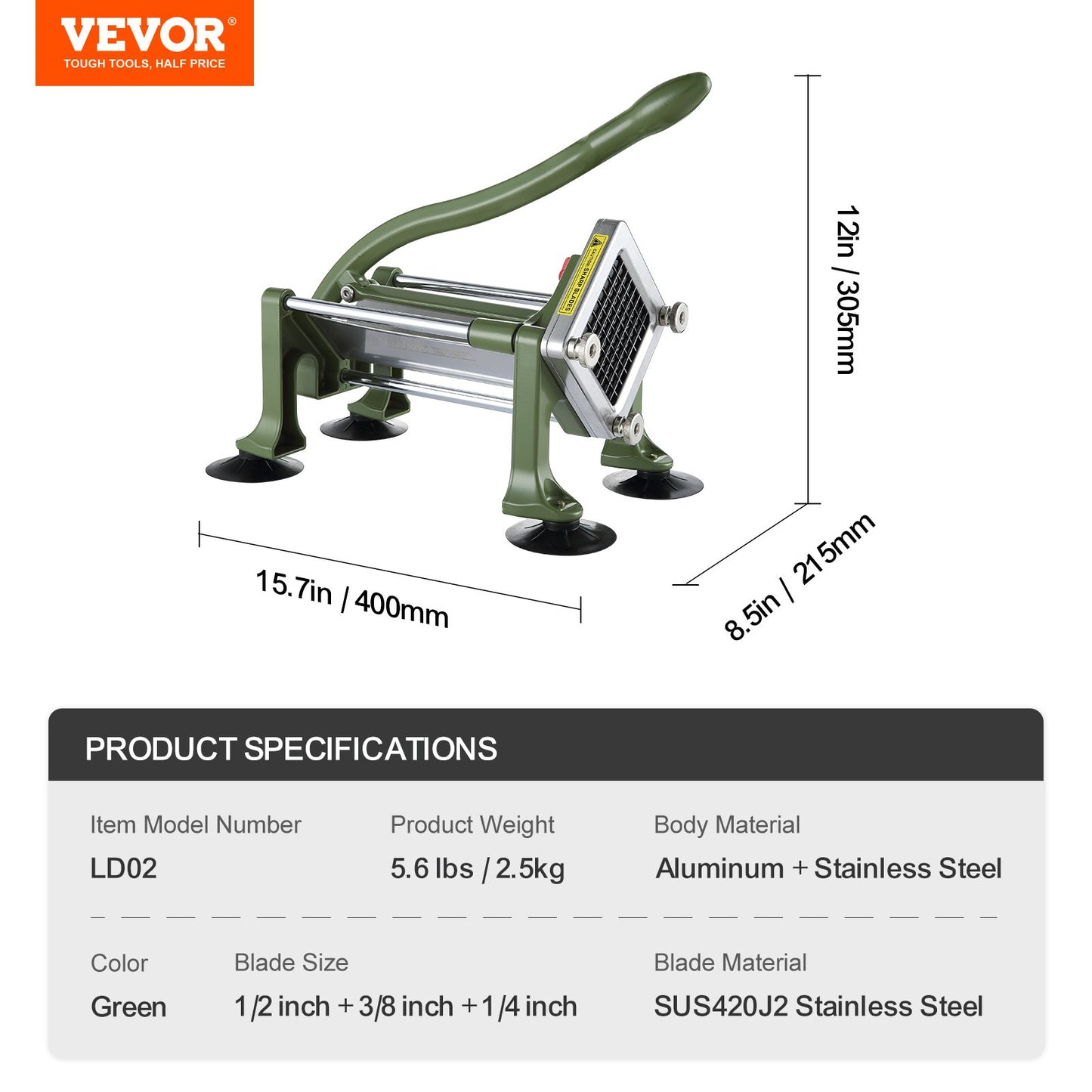French Fry Cutter, Potato Slicer with 1/2" 3/8" 1/4" Stainless Steel Blades, Manual Potato Cutter Chopper with Suction Cups, Great for Potato, French Fries, Cucumber, Vegetables, Carrot