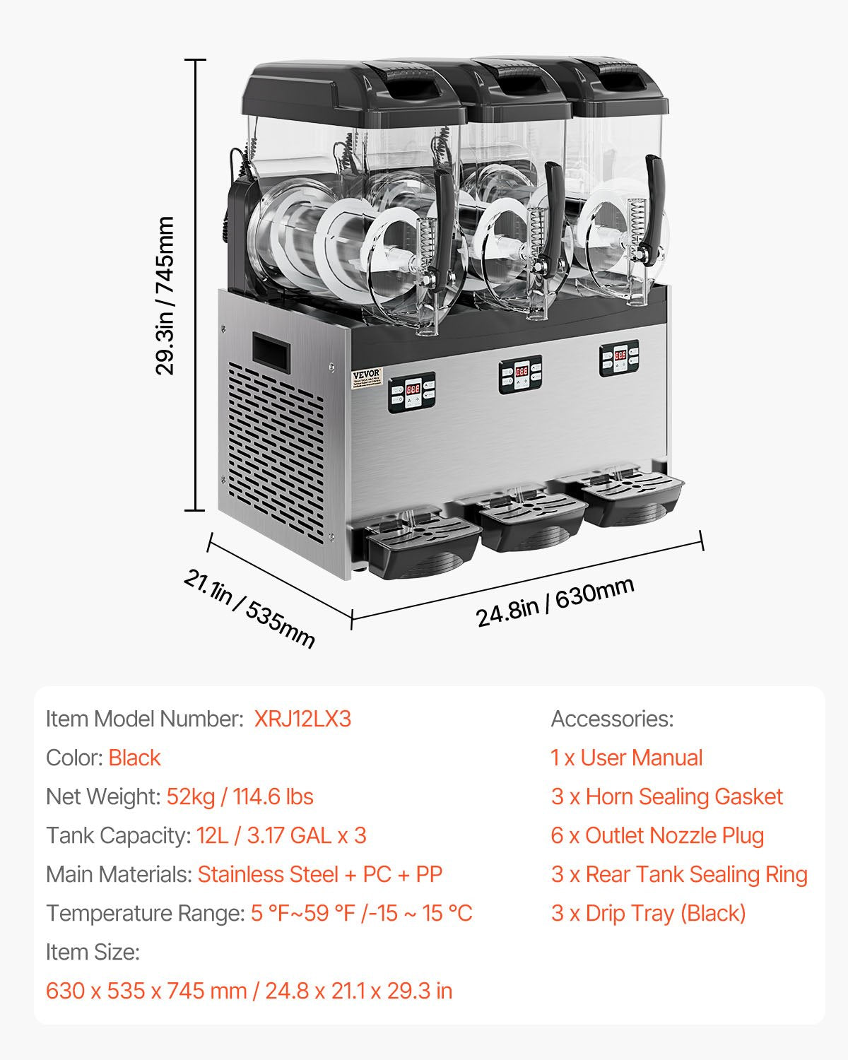Kommersiell slushymaskin, 12Lx3 trippeltanksmaskin för frysta drycker, 144 koppar rostfritt stål Margarita Smoothie-maskin för frysta drycker, slushmaskin för hemmafester, restauranger, caféer och barer