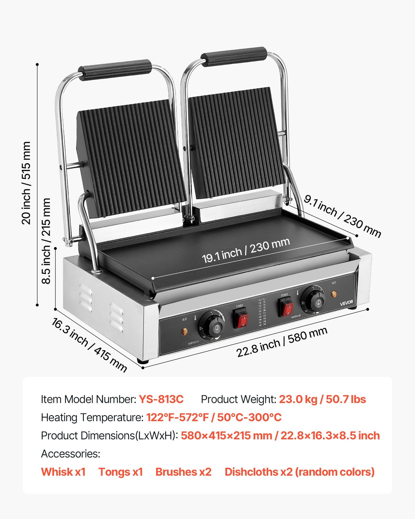 Commercial Panini Grill, 3600W Electric Sandwich Panini Maker, Stainless Steel Double Sandwich Press Grill, Panini Grill with Temp Control, 48x23cm Flat Enamel Plate for Hamburger Steak Bacon