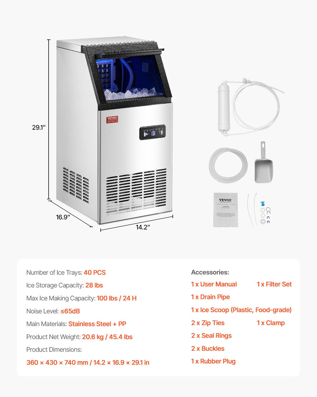 100lbs/24H Commercial Ice Maker, 36 Ice Cubes in 15 Minutes, Freestanding Ice Maker Machine with 28lbs Large Storage Capacity for Bar Office Restaurant, with LED Digital Display & Self-Cleaning