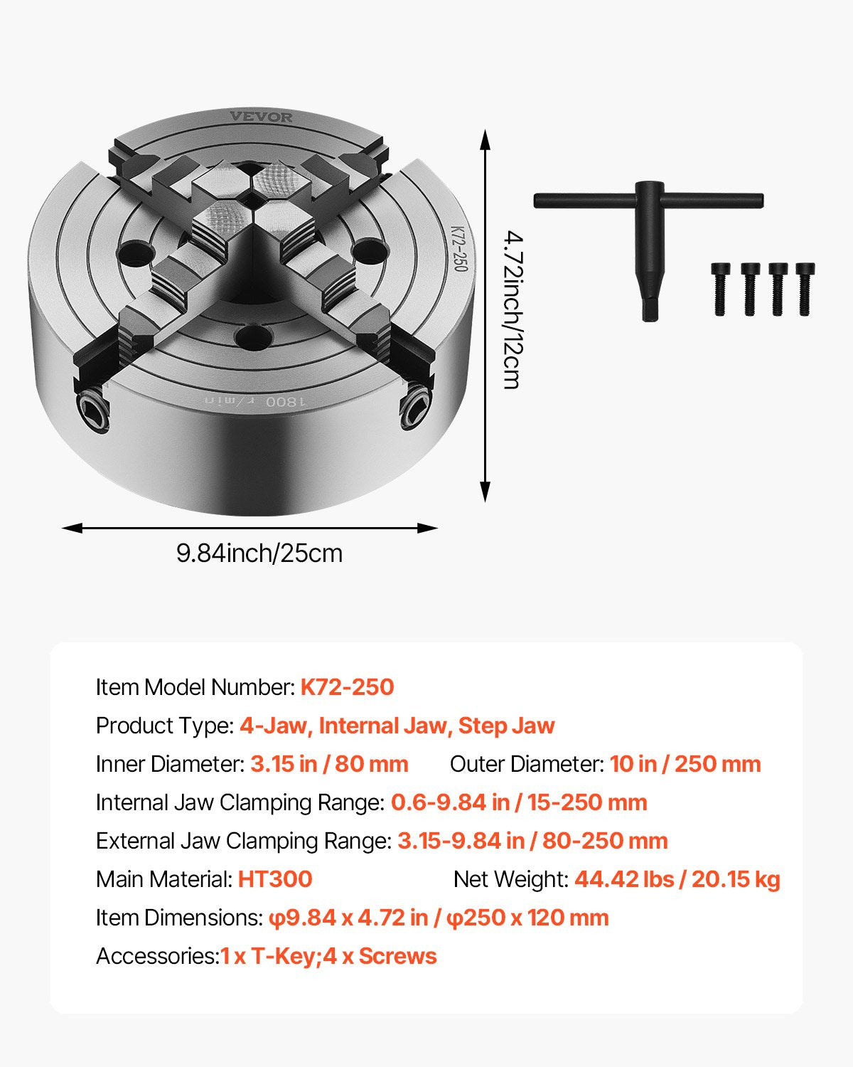 4-käfts svarvchuck, 250 mm (10 tum), svarvchuck, 15–250 mm (0,6–9,84 tum) spännområde med T-nyckelfästskruvar, vändbara käftar, HT300 gjutjärnsmaterial, invändig utvändig för trä- och metallsvarv