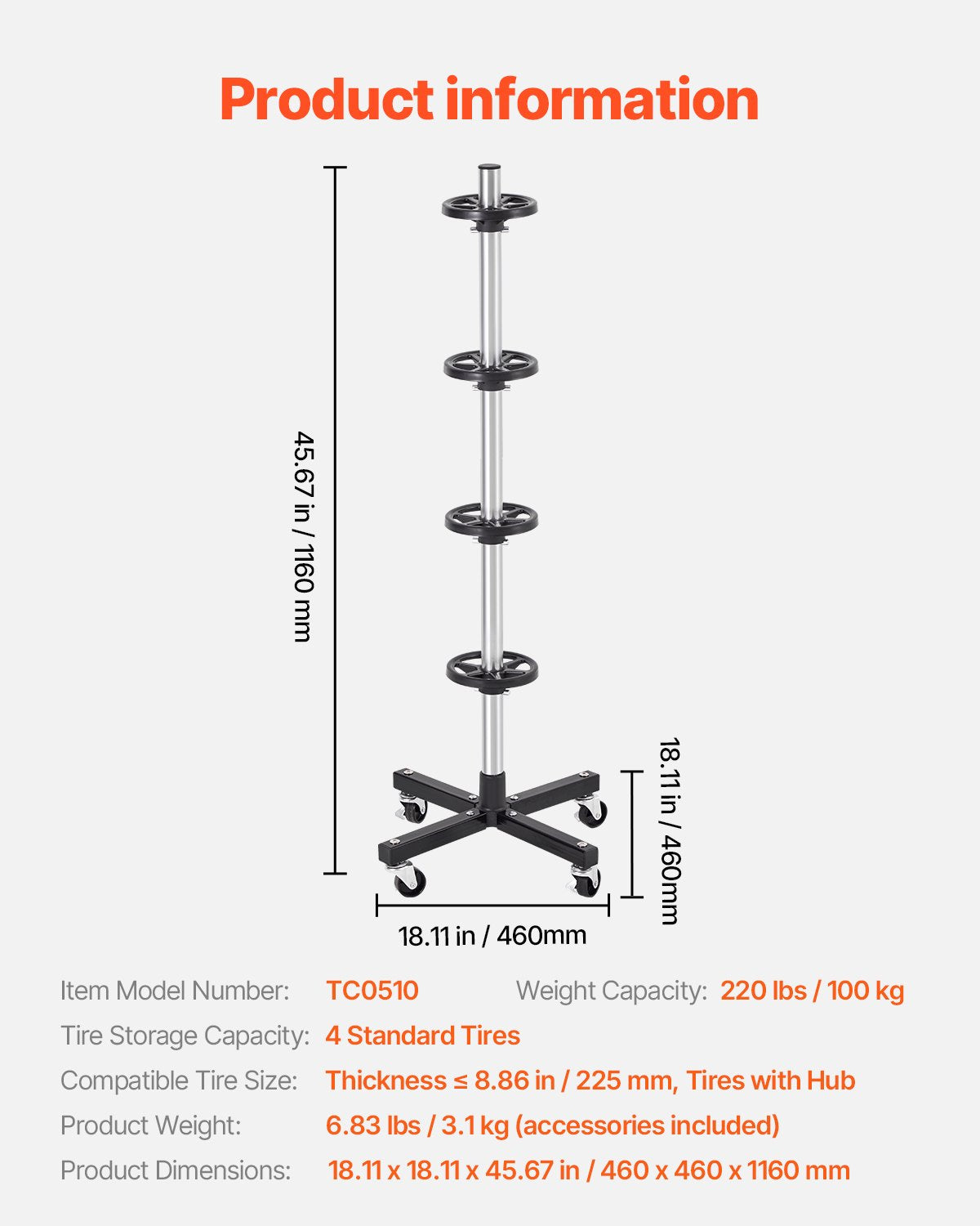 Tire Rack with Wheels, Heavy-Duty Steel Tire Tree Stand for 4 Tires with Rims, Space-Saving & Mobile Tyre Holder for Tires up to 225mm Wide, Max 220LBS Load Capacity, Ideal for Garage Workshop