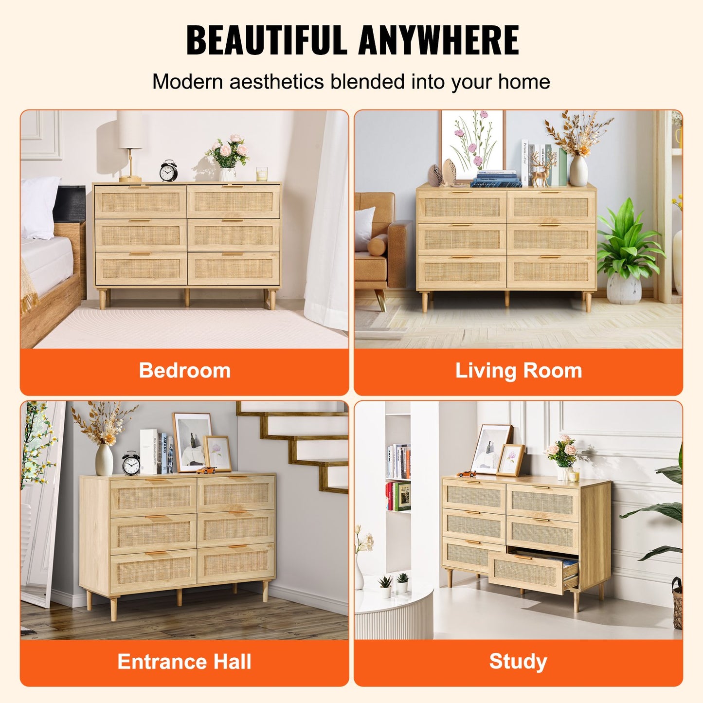 6 Drawer Rattan Dresser, Boho Dresser, Rattan Chest of Drawers with Spacious Storage, Natural Rattan Dresser for Bedroom, Living Room & Hallway,Rattan Nightstand with Sturdy Handles&Legs, Brown