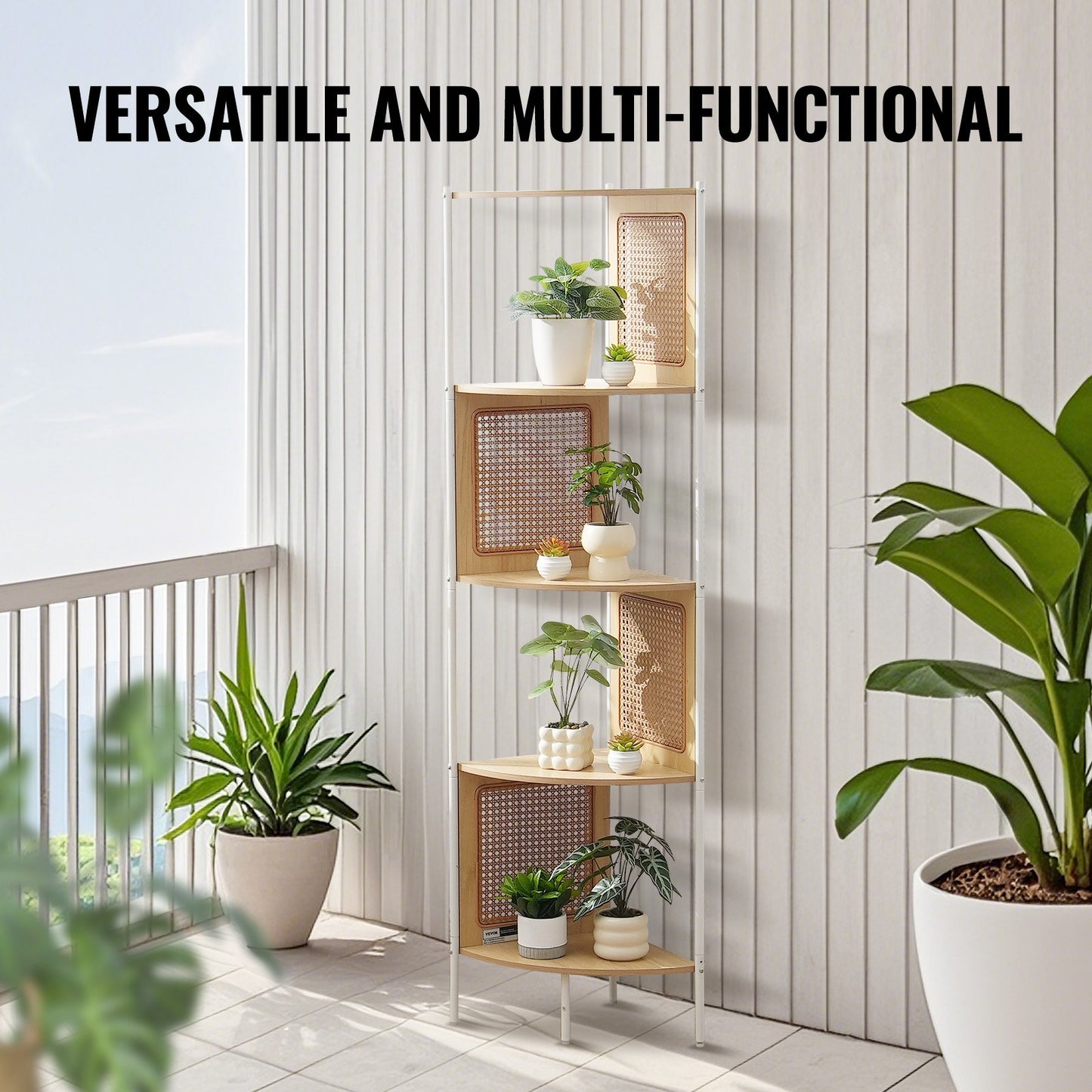 Rattan Corner Bookshelf, 5 Tiers Ladder Corner Shelf with Metal Frame, Narrow Open Wall Corner Storage Rack, Storage Display Shelves Ideal for Library, Meeting Room, Office, Study, Natural