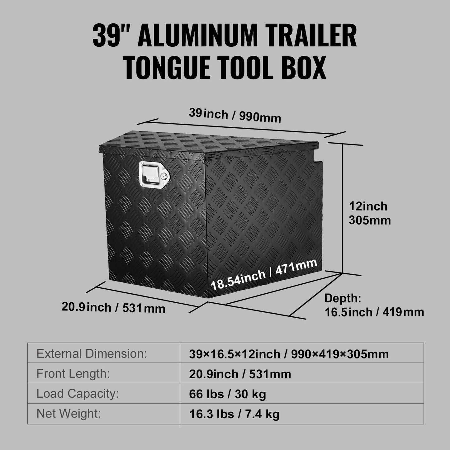 Trailer Tongue Box, Aluminum Alloy Diamond Plate Tongue Box Tool Chest, Heavy Duty Trailer Box Storage with Lock and Keys, Utility Trailer Tongue Box for Pickup Truck, RV, Trailer, 99.1 x 41.9 x 30.5 cm