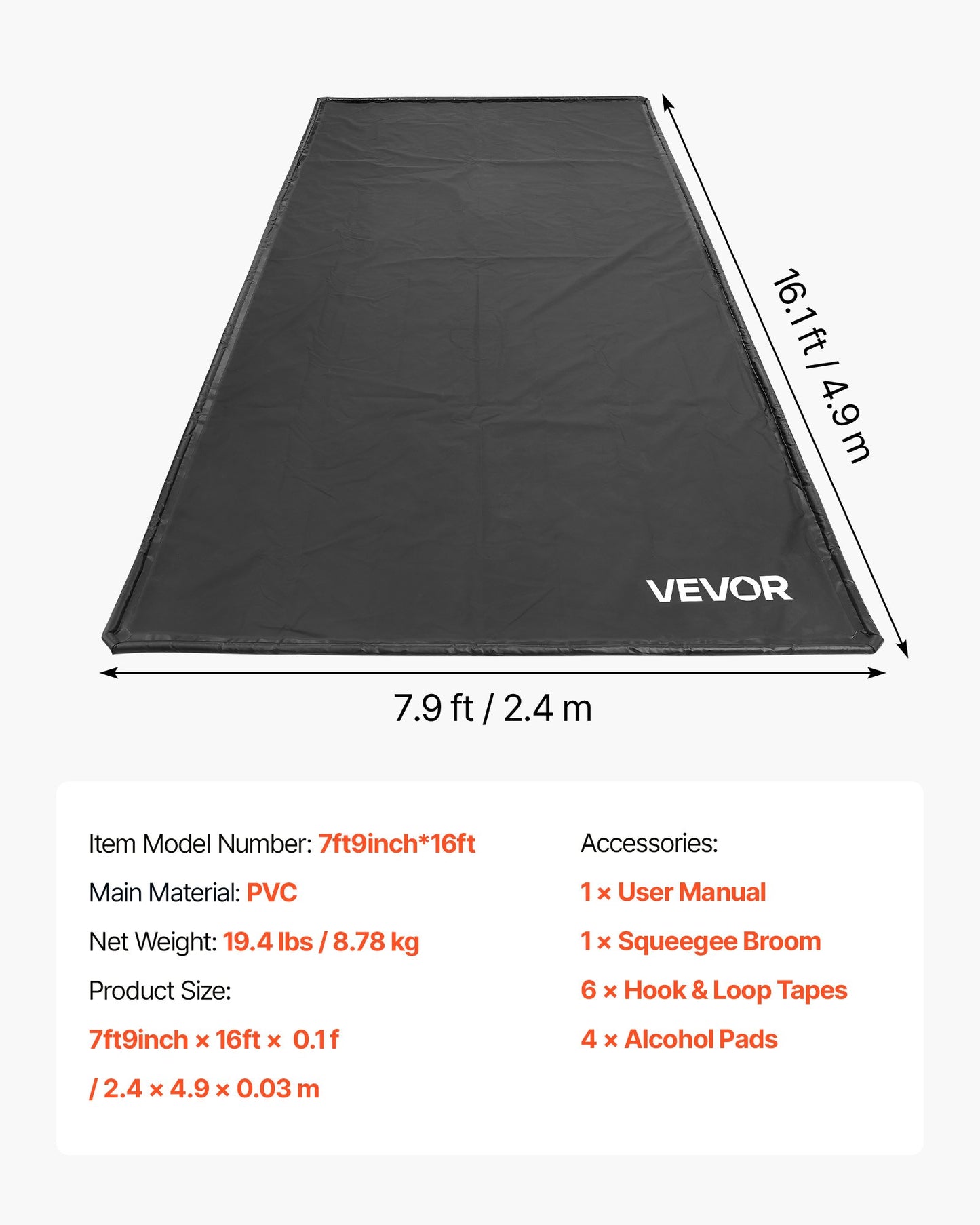 Containment Mat, 2.4 x 4.9 m, Non-Slip PVC Garage Floor Mat with a Cleaning Squeegee Broom, Heavy Duty Durable Waterproof Containment Protection from Snow, Rain and Mud for Cars Parking, Black