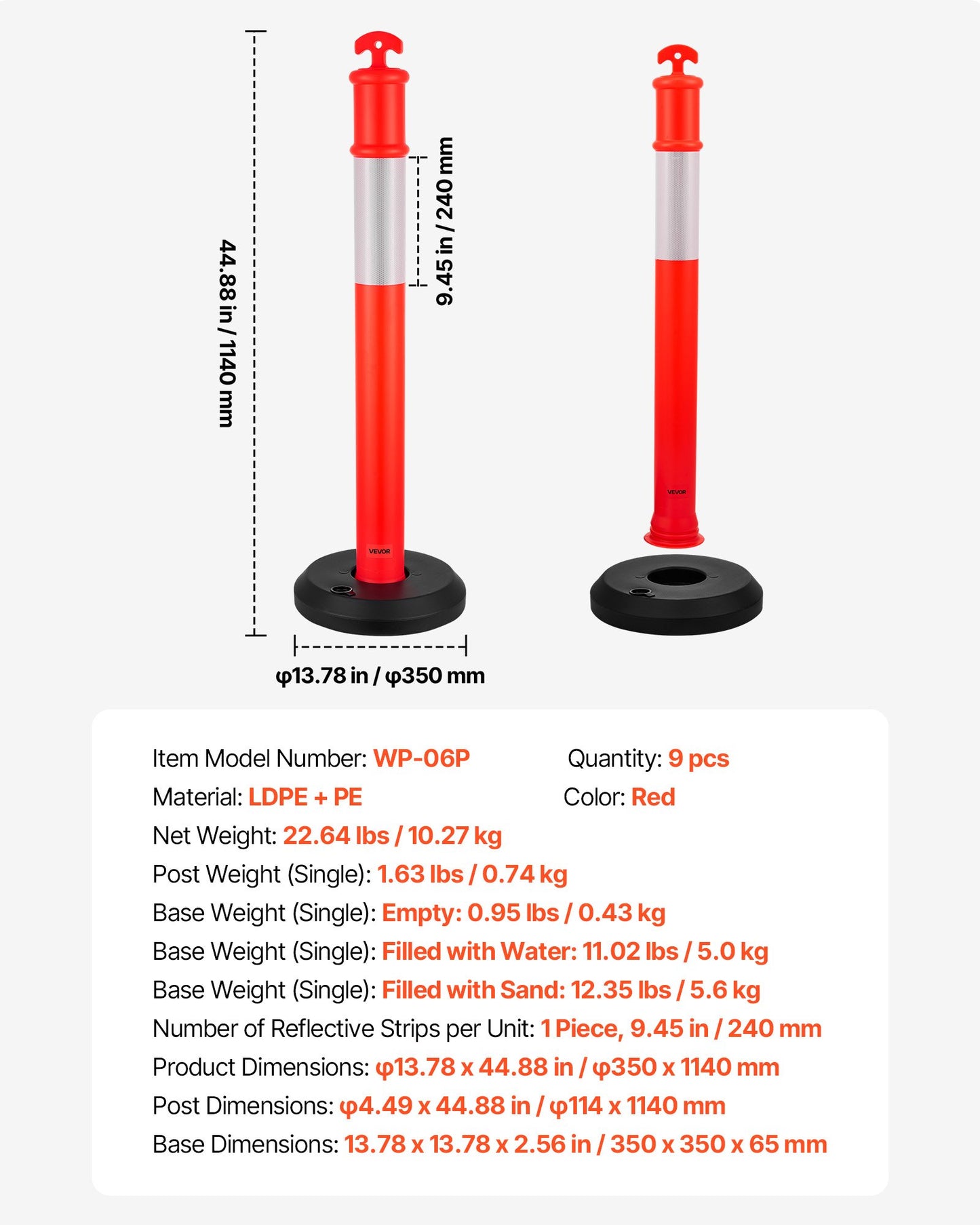 9-pack trafikavgränsningsstolpar, 1140 mm trafiksäkerhetskoner med fyllbar bas och reflexremsor, kraftiga avgränsningsstolpar för byggarbetsplatser, parkeringsplatser, trängselkontroll, röd