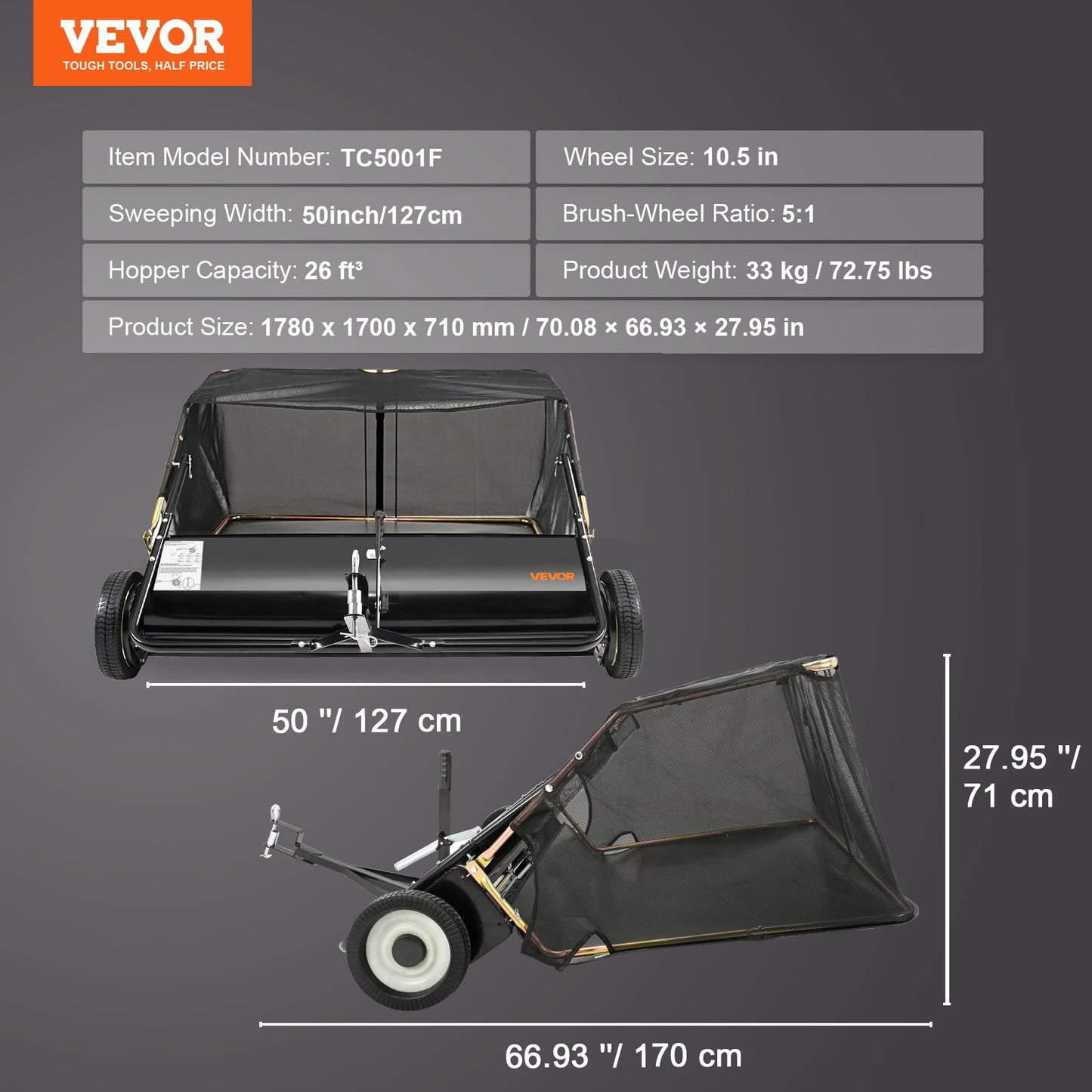 Tow Behind Lawn Sweeper, 127 cm Pull Behind Lawn Sweeper, 26 cu. ft Large Capacity Leaf & Grass Collector, Heavy Duty Garden Sweeper with Adjustable Sweeping Height for Yard, Lawn, Farm