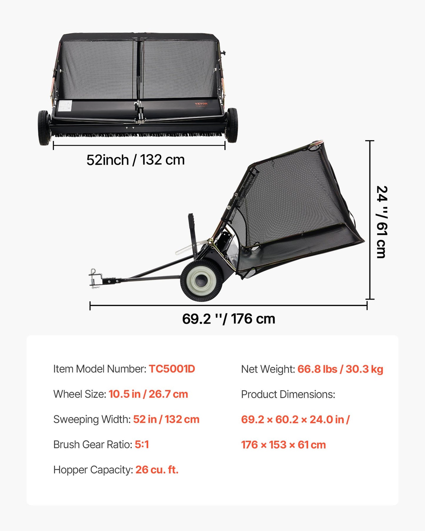 26.7 cm Tow Behind Lawn Sweeper, 26 cu.ft. Large Yard Sweeper, Adjustable Sweeping Height, Heavy Duty Leaf & Grass Collector with Dumping Rope, Pull Behind Sweepers for Debris Grass Clippings