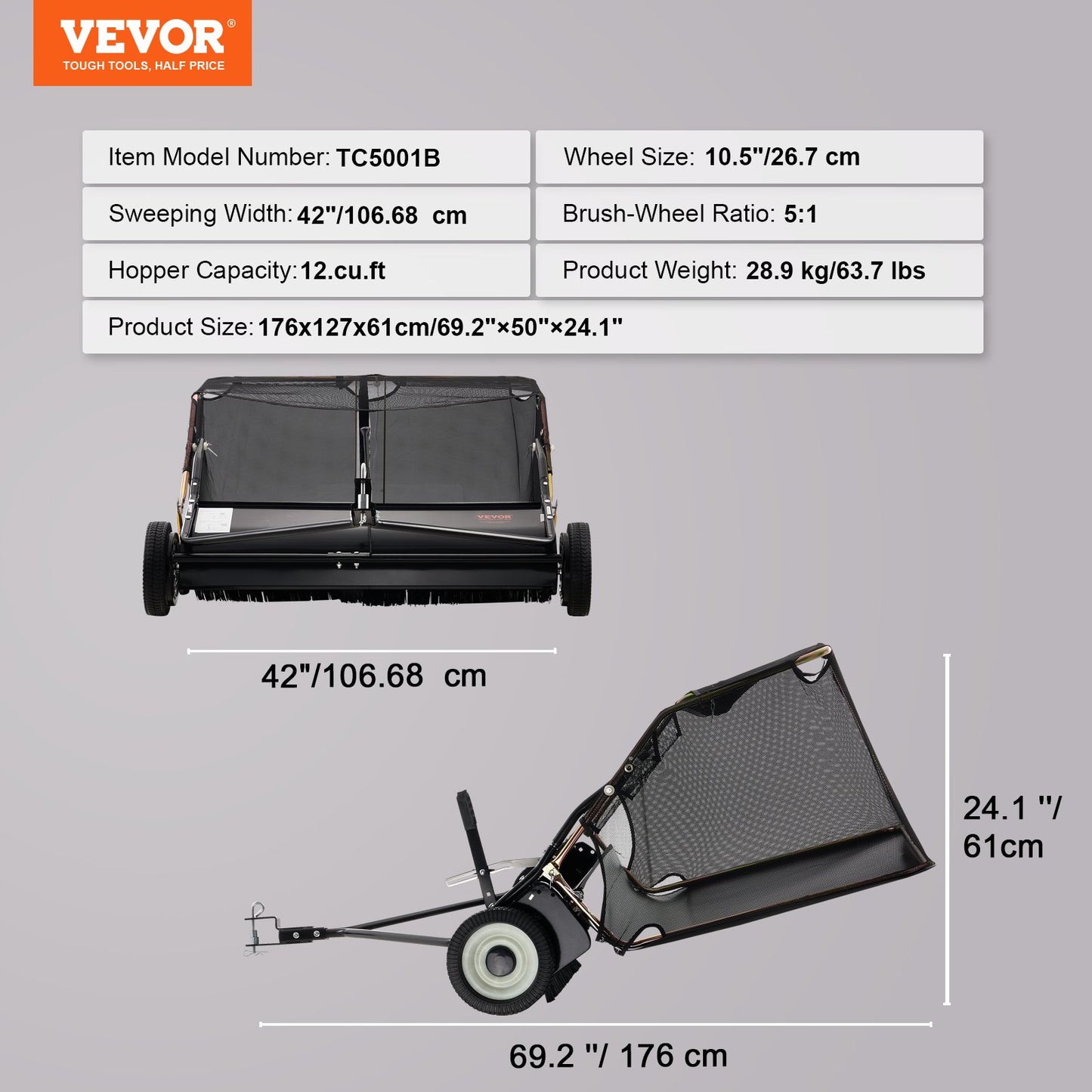 42-inch Lawn Sweeper Tow Behind, 12 cu.ft. Large Pull Behind Grass Sweeper, Heavy Duty Leaf & Grass Collector with Dumping Rope Design, Adjustable Sweeping Height for Picking Up Debris & Grass