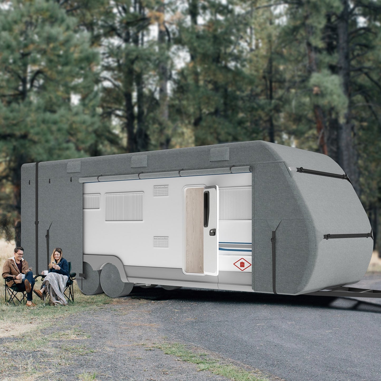 Överdrag för husvagn, 28-31 fot husvagnsöverdrag, överdrag i 300D Oxfordtyg, vattentätt, vindtätt och rivfritt klass A husvagnsöverdrag, med förvaringsväska, reparationslapper, remmar och däckskydd