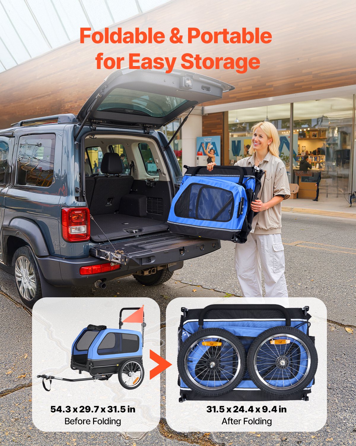 Hundcykelkärra, Stöder upp till 40 kg, 2-i-1-vagn för små och stora hundar, Lättfällbar ram med snabbkopplingshjul, Universal cykelkoppling, Inbyggt koppel