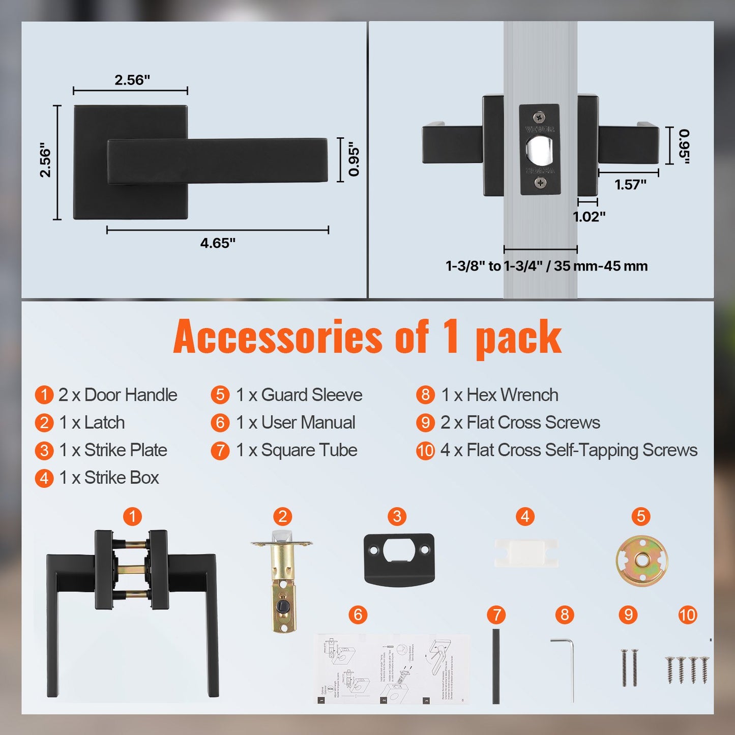 Dörrhandtag för passage, 1-pack mattsvart dörrhandtag, vänster- eller högerhängd vändbar handtag, icke-låsande, 45° rotation för öppning, universal fyrkantig insida för hallar, garderober, mötesutrymmen