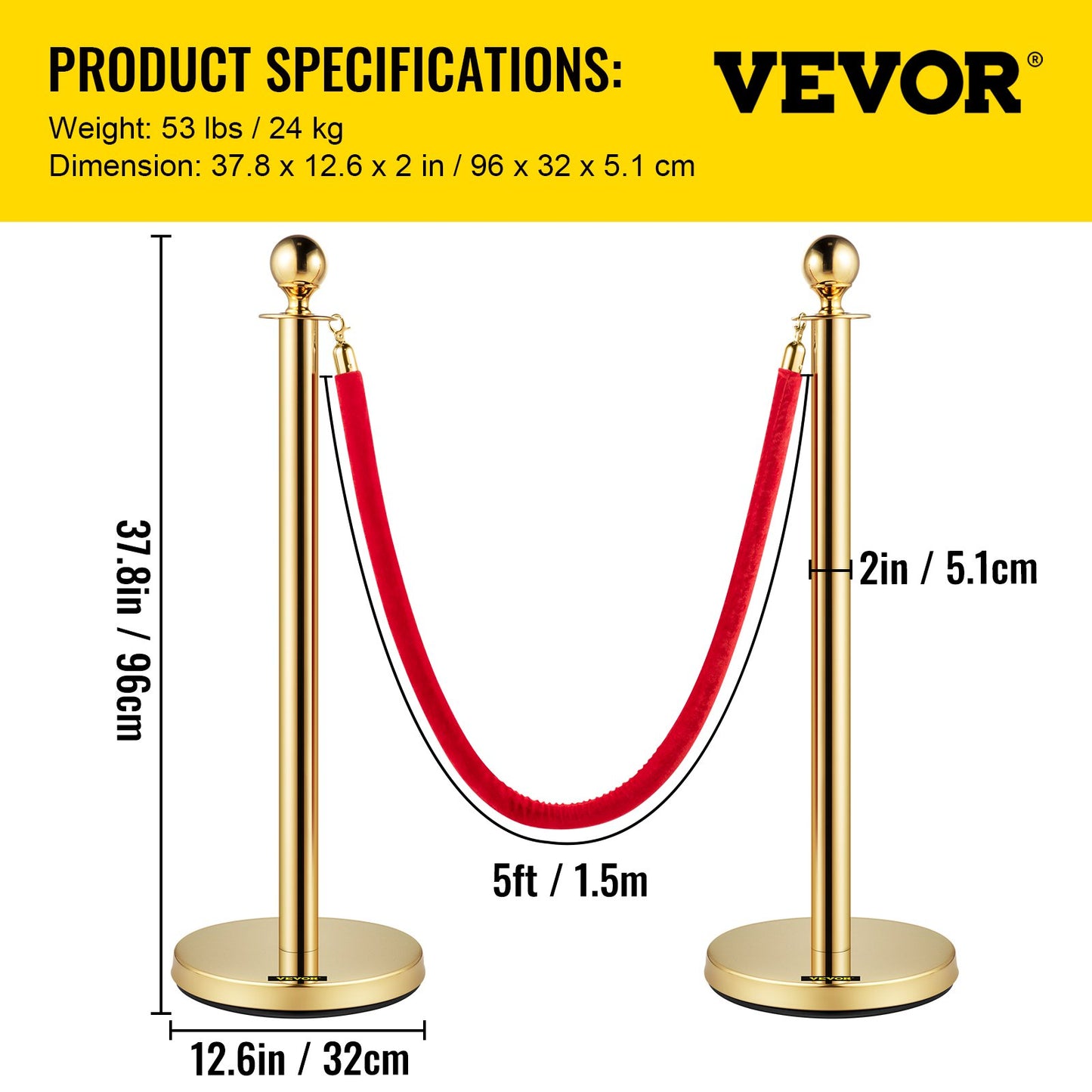 Velvet Ropes and Posts, 5 ft/1.5 m Red Rope, Stainless Steel Gold Stanchion with Ball Top, Red Crowd Control Barrier Used for Theaters, Party, Wedding, Exhibition, Ticket Offices 4 packSets