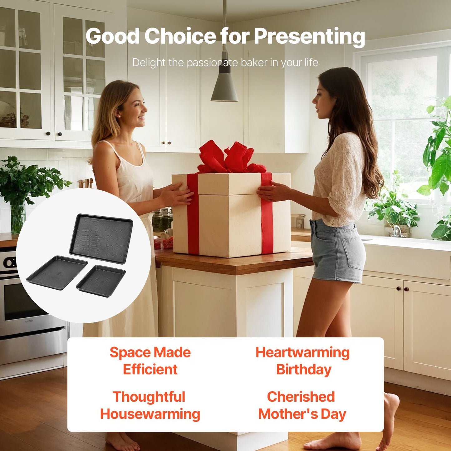 Baking Pans Set, 3-Piece, Nonstick Carbon Steel Cookware Sheets & Trays, Stackable Kitchen Oven Bakeware Cooking Sets with Silicone Handles, Easy to Clean, for Baking Cookie Cake Muffin Bread