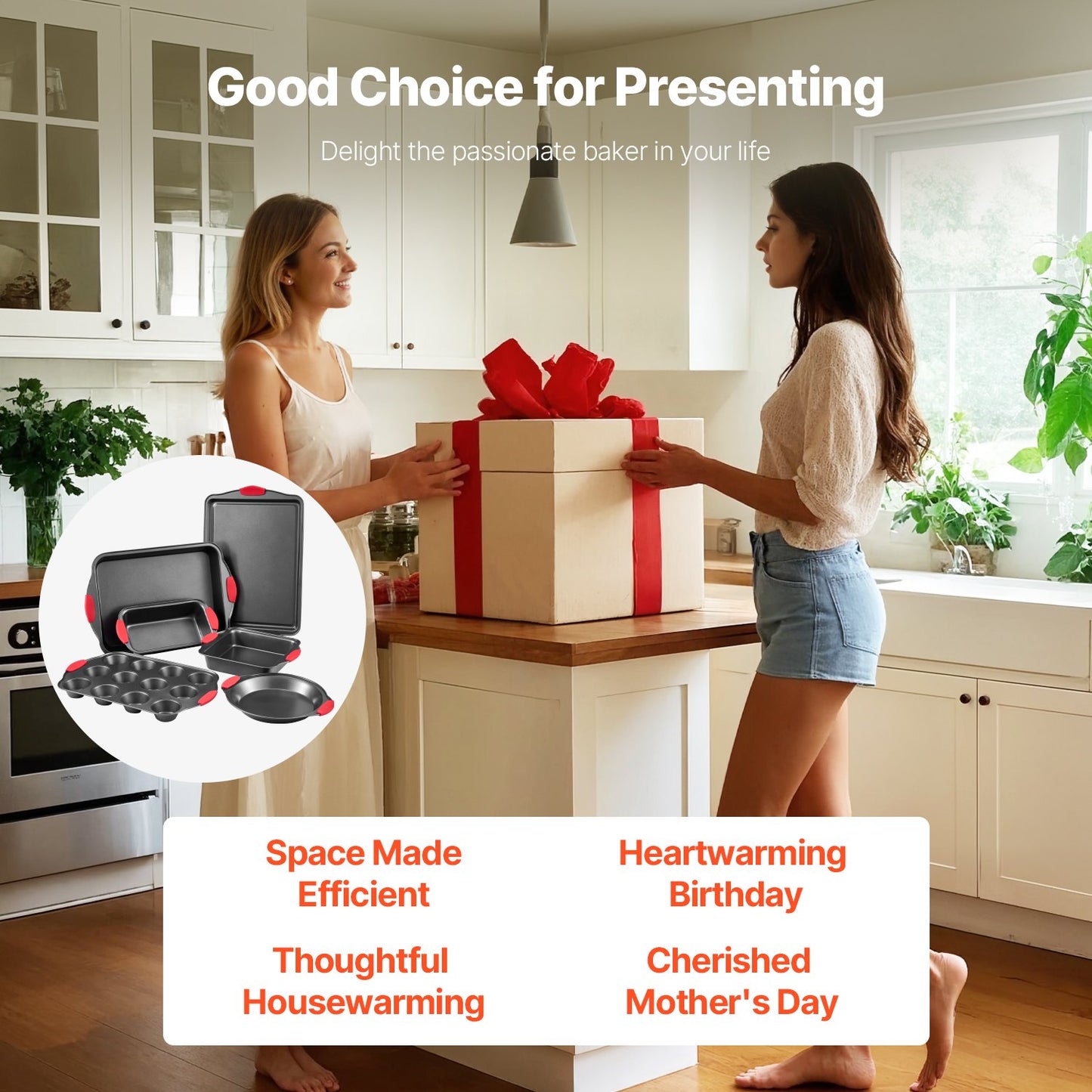 Baking Pans Set, 6-Piece, Nonstick Carbon Steel Cookware Sheets & Trays, Stackable Kitchen Oven Bakeware Cooking Sets with Silicone Handles, Easy to Clean, for Baking Cookie Cake Muffin Bread