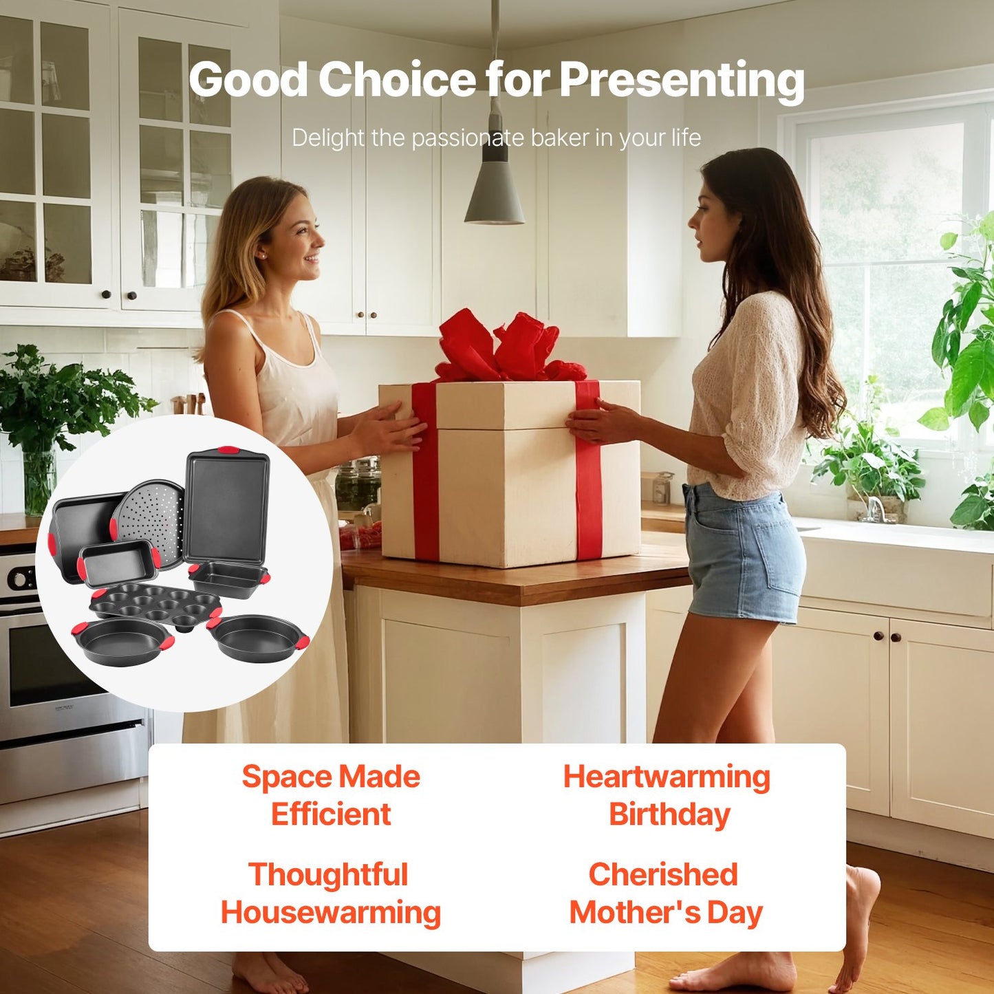 Bakformsset, 8 delar, nonstick-beläggning i kolstål, stapelbara bakformsset för köksugn med silikonhandtag, lätt att rengöra, för bakning av kakor, tårta, muffins, bröd