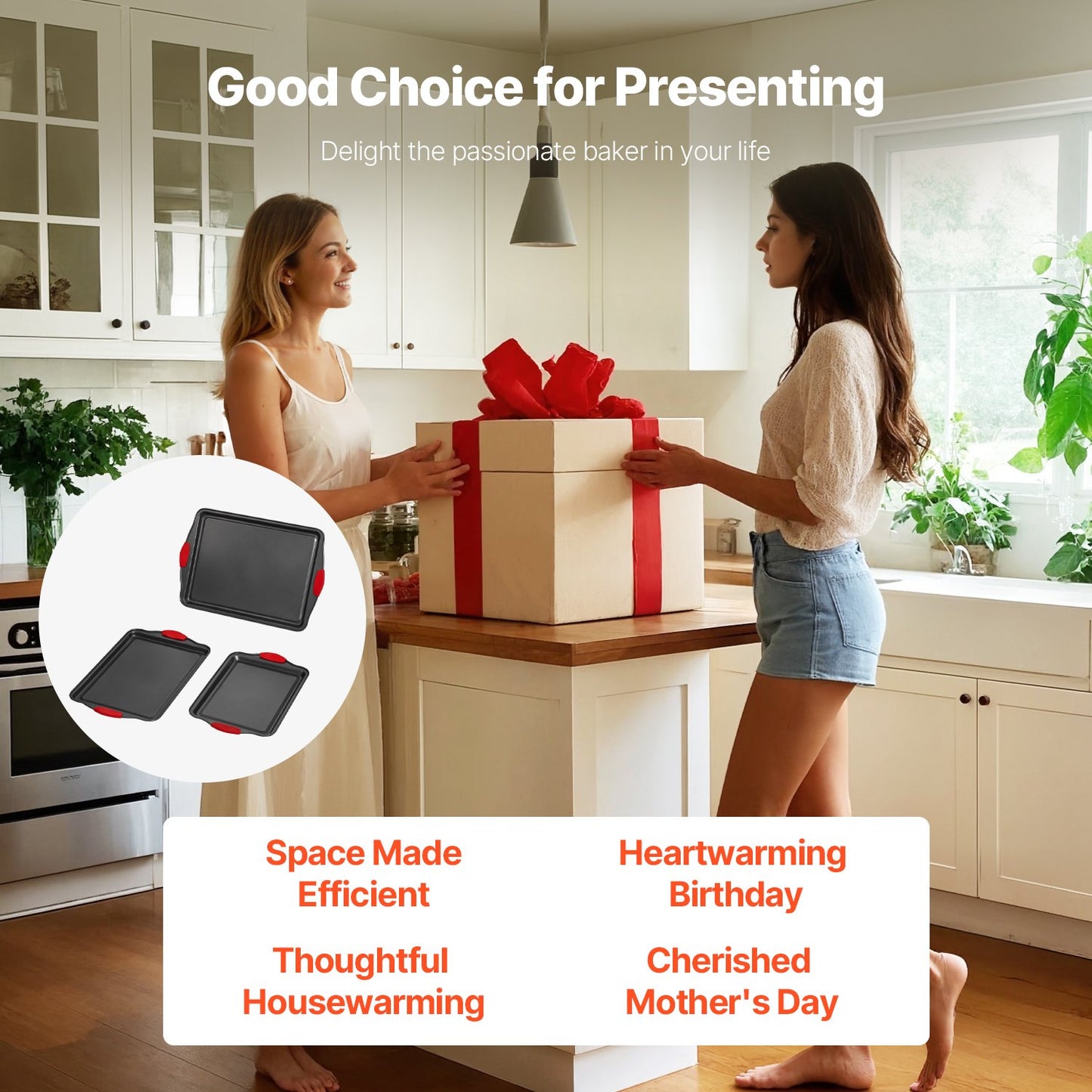 Bakformsset, 3 delar, nonstick-beläggning med kokkärl och brickor i kolstål, stapelbara bakformsset för köksugn med silikonhandtag, lätt att rengöra, för bakning av kakor, tårta, muffins, bröd