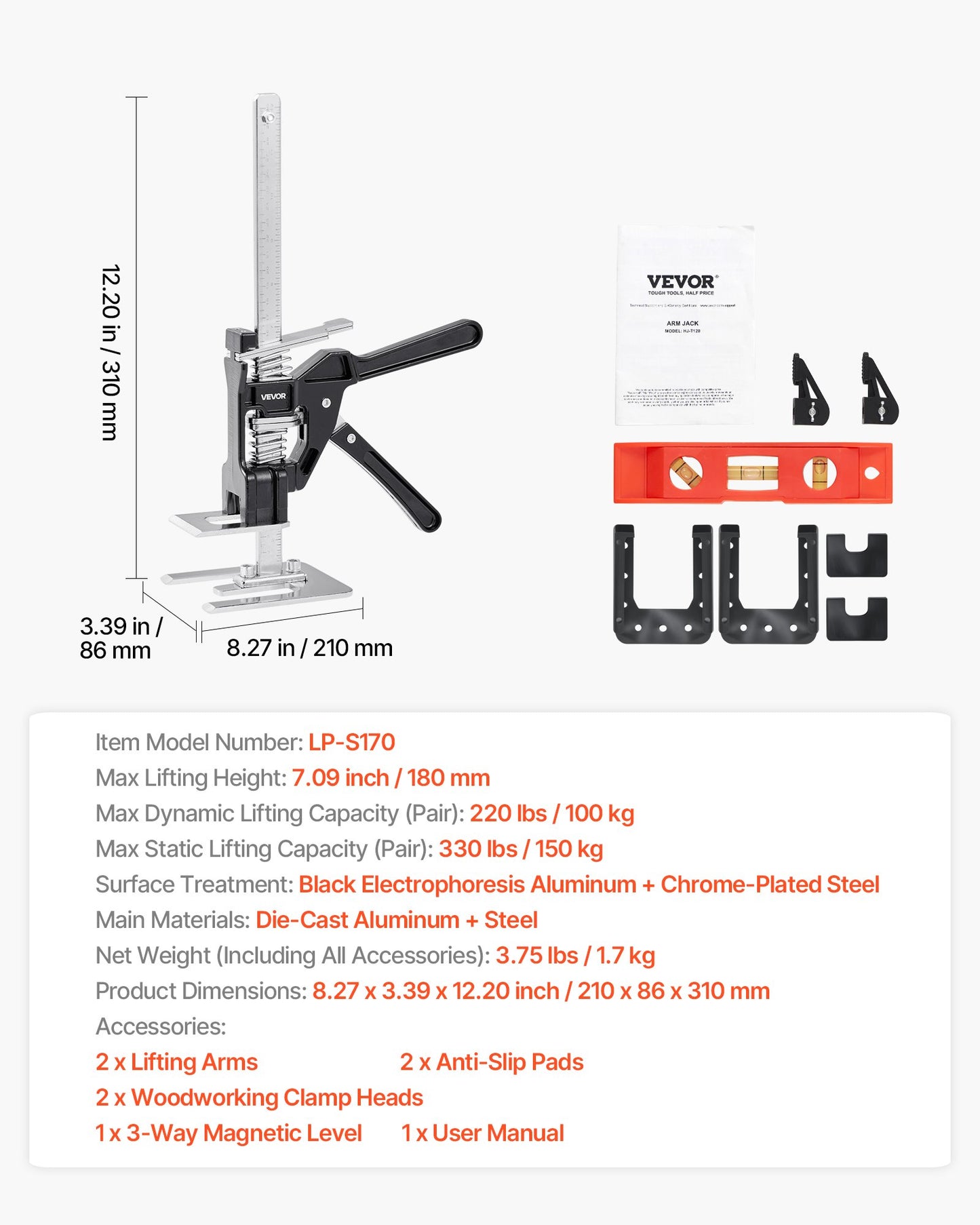 Arbetsbesparande domkraft, 2 st 150 kg bärkapacitet, lyft upp till 180 mm, handlyftverktyg i metall med magnetisk vattenpass, justerbar höjd, för dörr, fönster, möbler, träbearbetning, svart