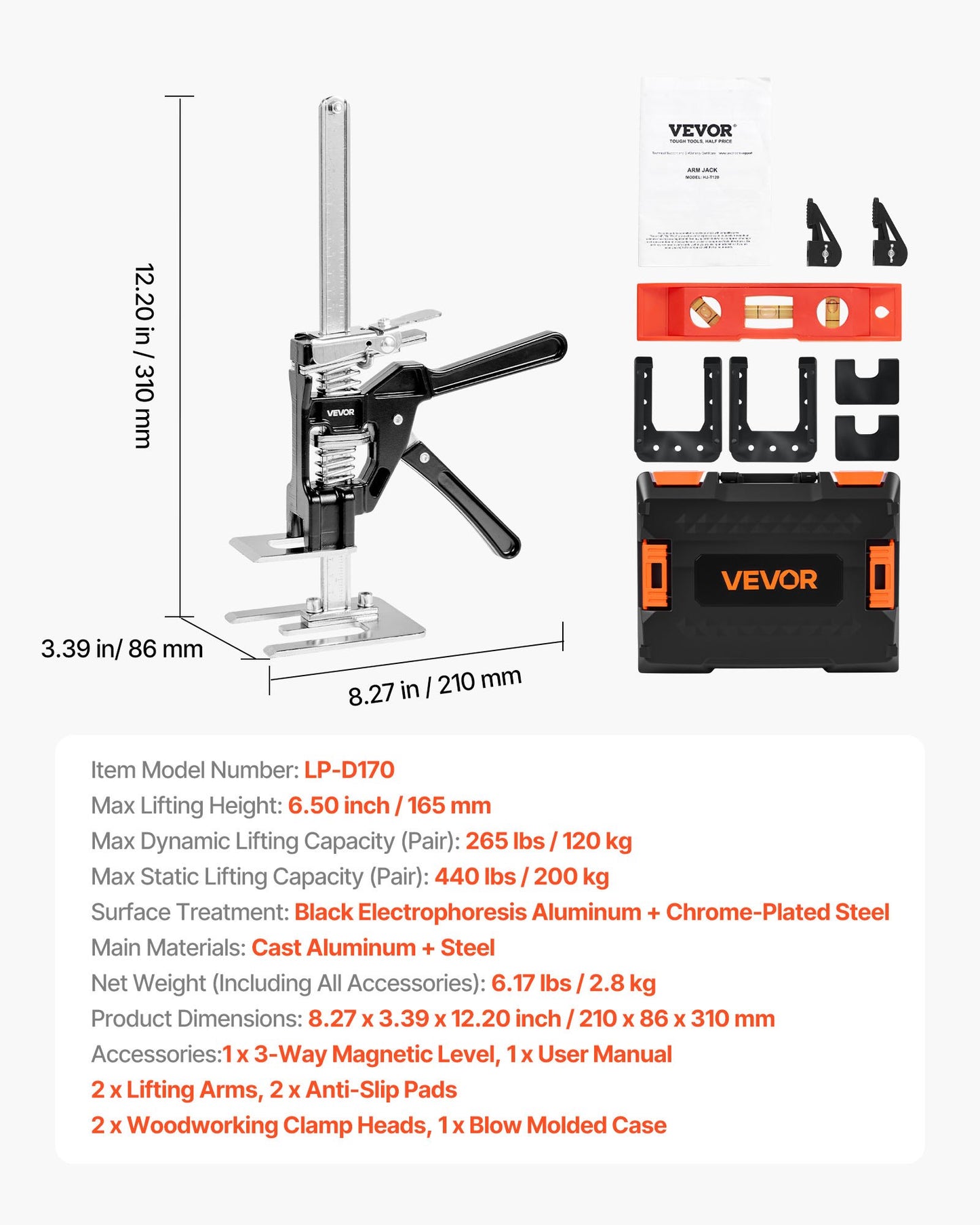 Labor Saving Arm Jack, 2 PCS 200 kg Bearing Capacity, Lifting up to 165 mm, Metal Hand Lifting Jack Tool with Magnetic Level, 2 Adjustment Modes, for Door, Window, Furniture, Woodworking, Black