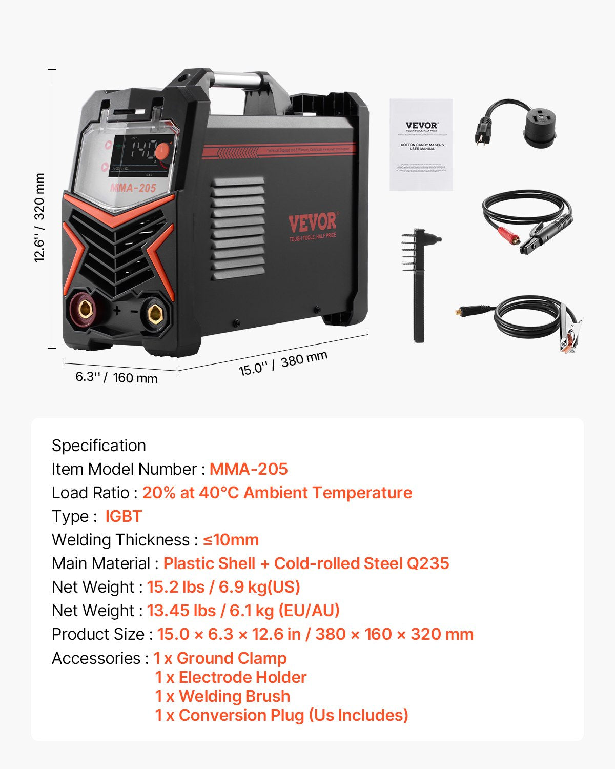 MMA Welder, 205A 2-in-1 MMA Lift TIG Stick Welding Machine, IGBT Inverter Portable Welder Machine with Digital Display, Hot Start Arc Force Anti-Stick (Lift Torch Not Included)