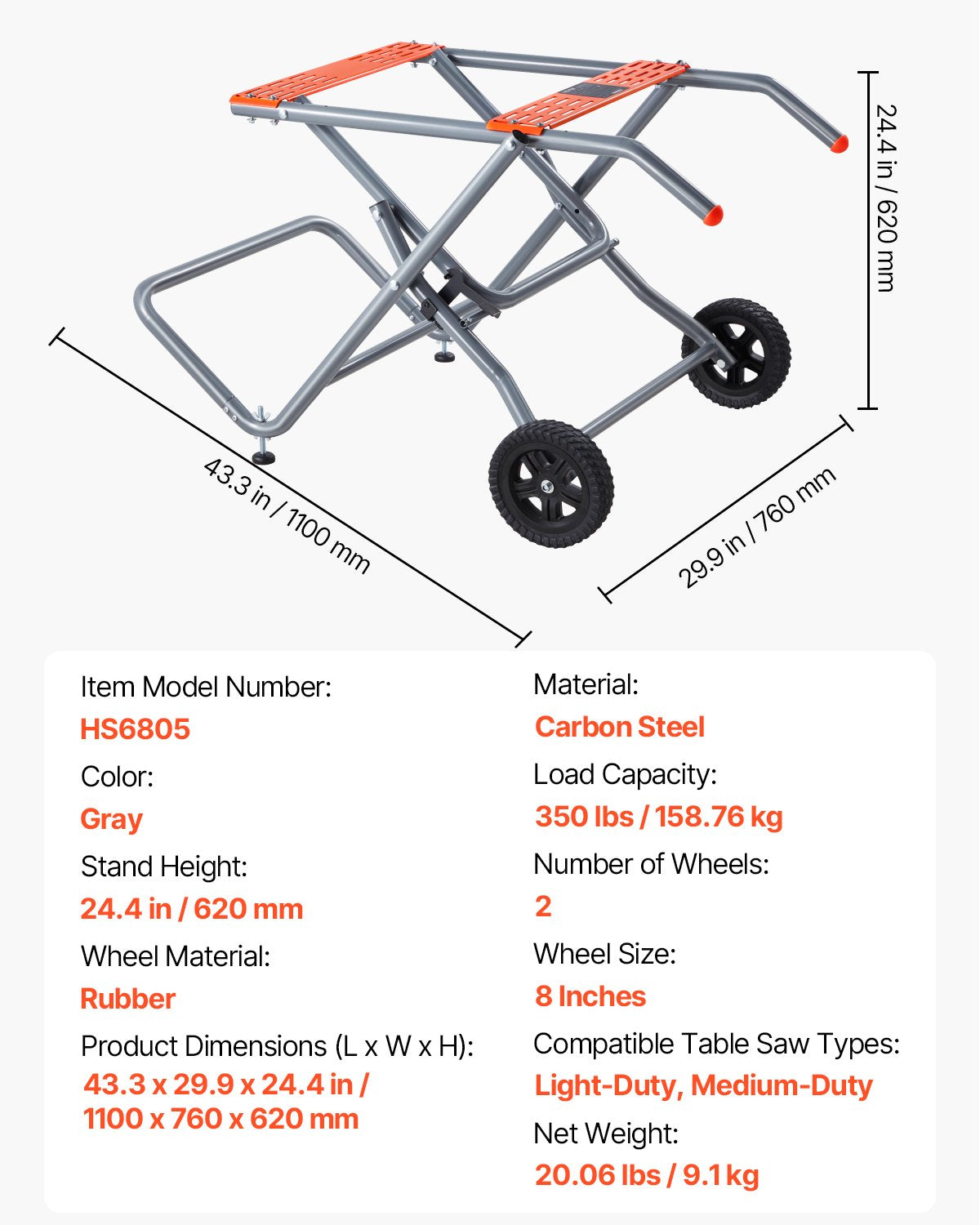Bärbart bordssågstativ, 159 kg/350 lbs lastkapacitet, rullande hopfällbart bordssågbord med 203 mm/8 tum gummihjul, kraftig konstruktion, enkel förvaring, universal för de flesta märken av bordssågar