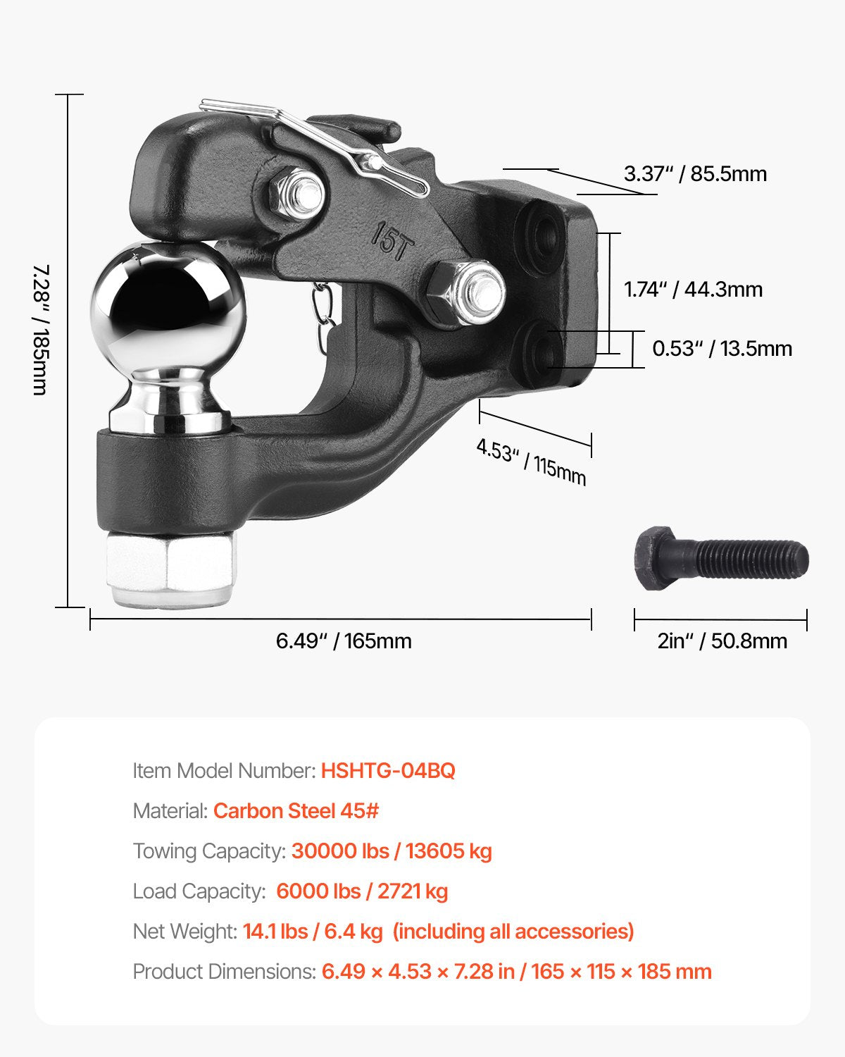 Dragkrok, 13600 kg dragkapacitet, dragkrok med kombinationskrok 6,5/40 cm dragkula, passar 6,5 till 7,5 cm lunettring med monteringssats, slitstark, svart pulverlackering