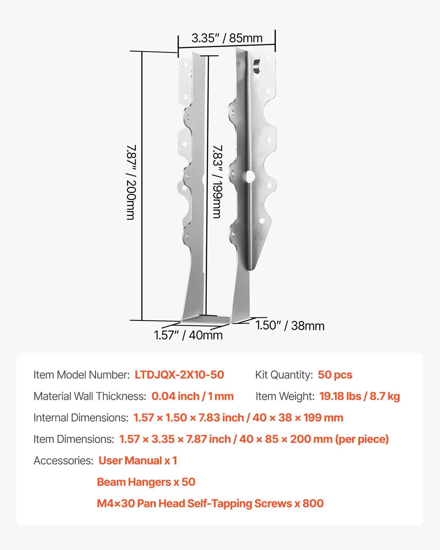 50 st. bjälklagsfästen, innermått 1,57 x 1,50 x 7,83 tum / 40 x 38 x 199 mm, takstolsfästen för hurricane-balkar med rostskyddande beläggning, förankringsfästen för golvdäck och takstolar