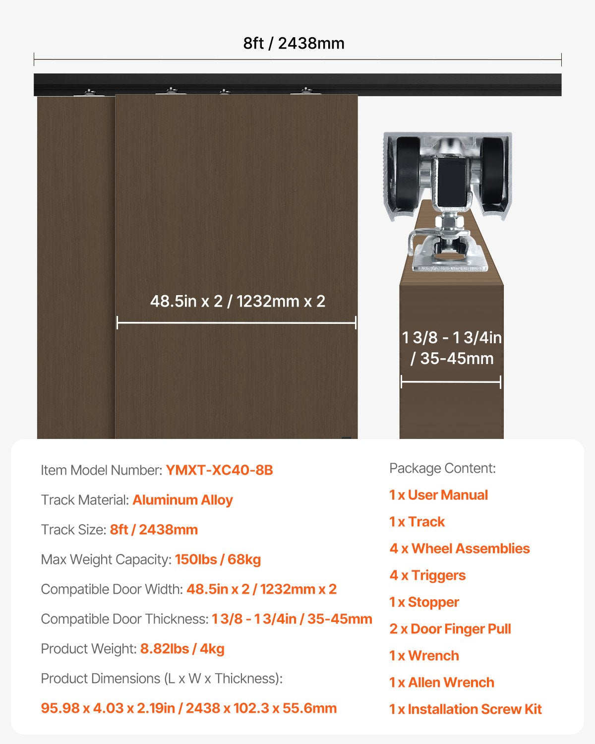 Bypass-dörrbeslag, 2,4 m kraftigt bypass-skjutdörrsbeslag, sats med beslag för skjutdörrar i aluminiumlegering med fingerdrag, för system med 2 dörrar, passar dörrtjocklek 3,8 - 3,8 cm